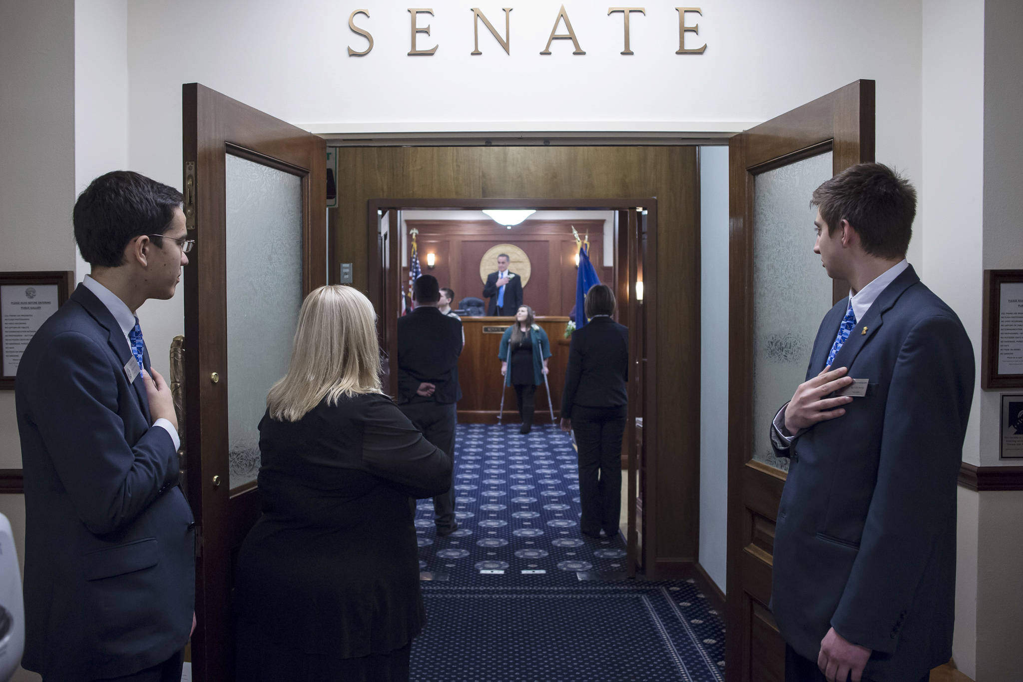 Alyssa Fischer sings in the Senate on the opening day of the 31st Session of the Alaska Legislature on Tuesday, Jan. 15, 2019. (Michael Penn | Juneau Empire)