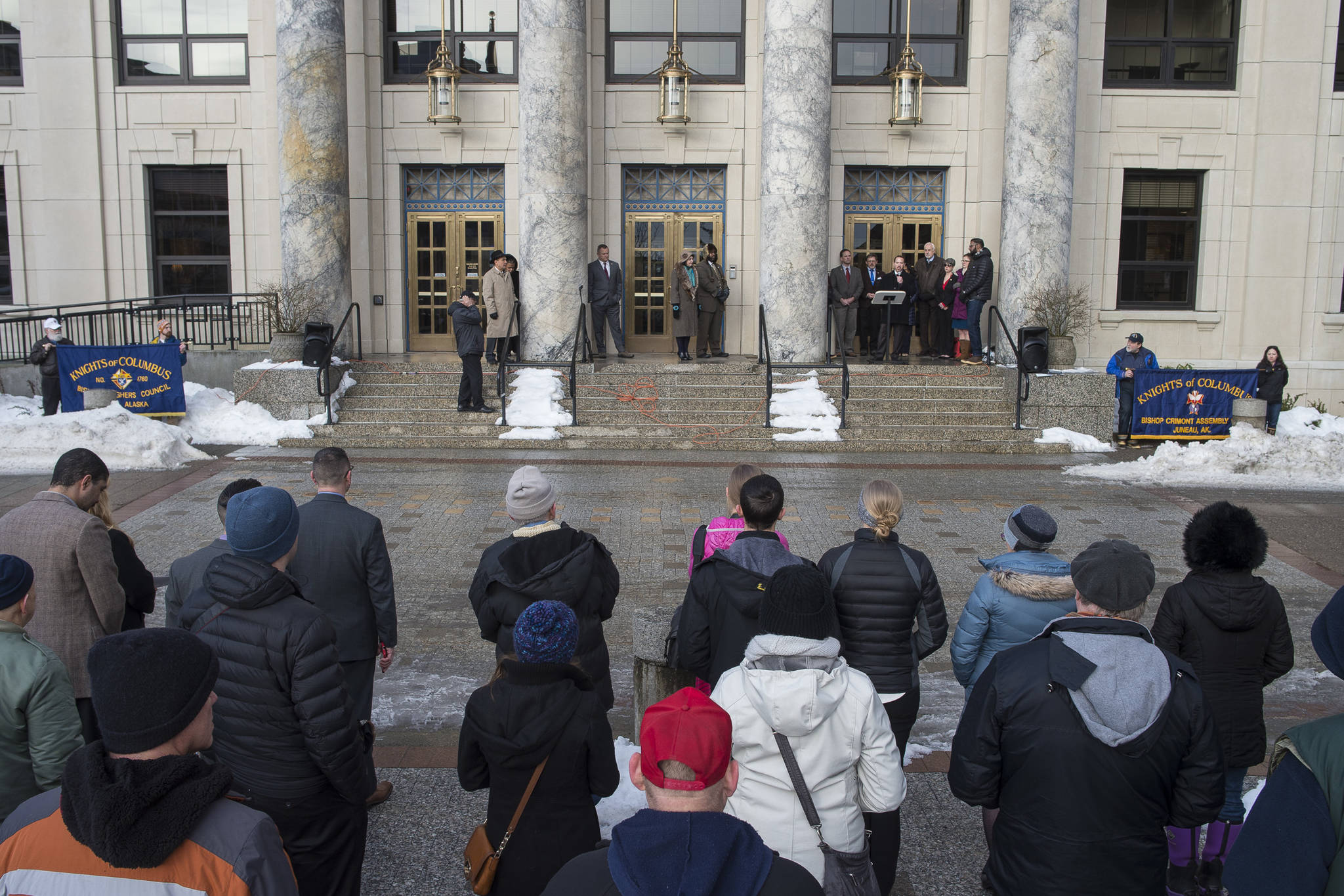About 80 people attend the Alaskans for Life, Inc. annual Rally for Life in front of the Capitol on Tuesday, Jan. 22, 2019. (Michael Penn | Juneau Empire)
