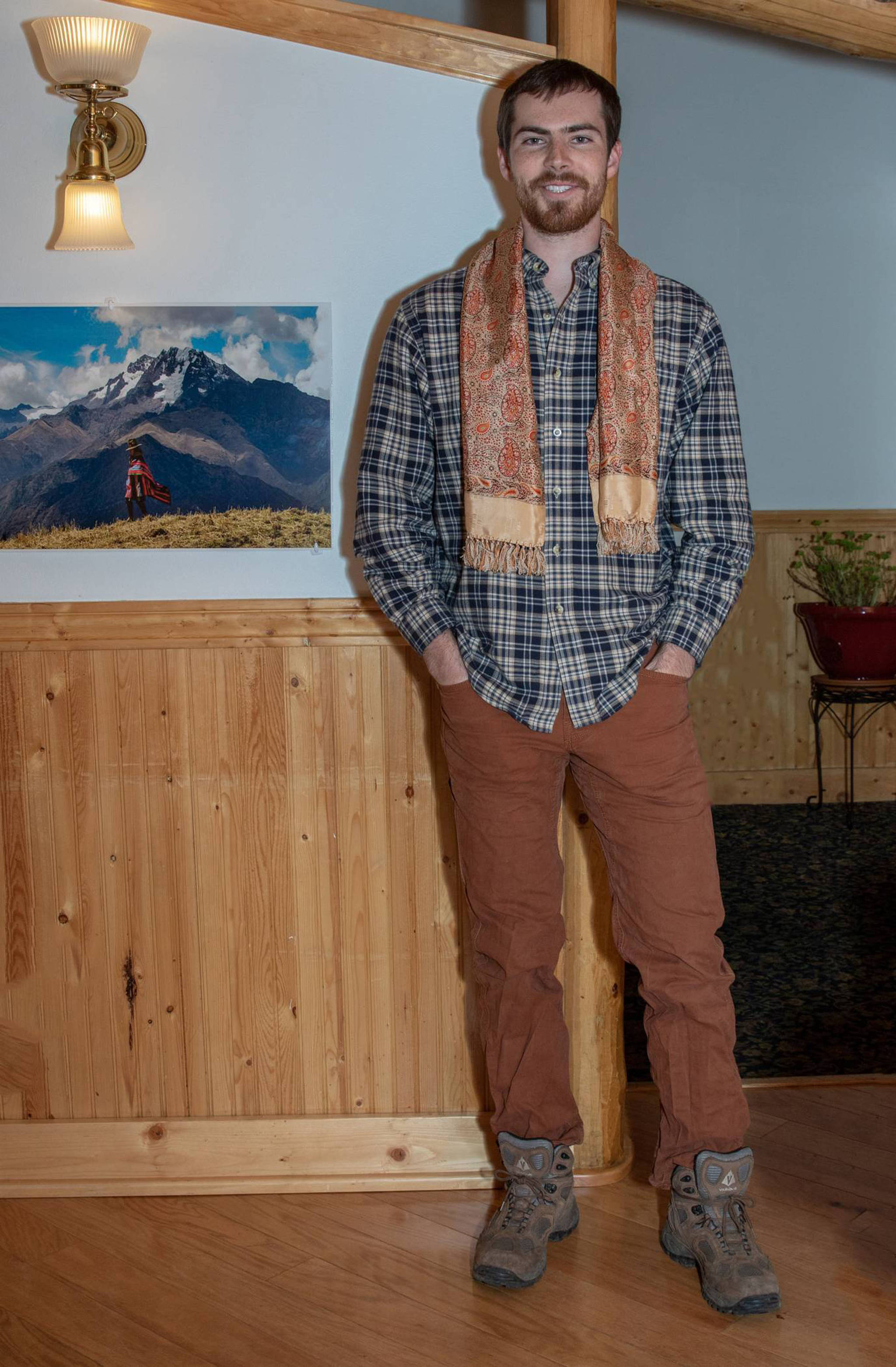 Dec. 30, 2018: Out on the town for dinner and a movie, Brad Chauvin caught my eye at “The Four Plates” Peruvian restaurant. His flannel shirt from L.L. Bean, burnt sienna pants from Prana and Vasque hiking boots were casual and coordinated. A vintage paisley silk scarf added just the right amount of color and style to his relaxed look.