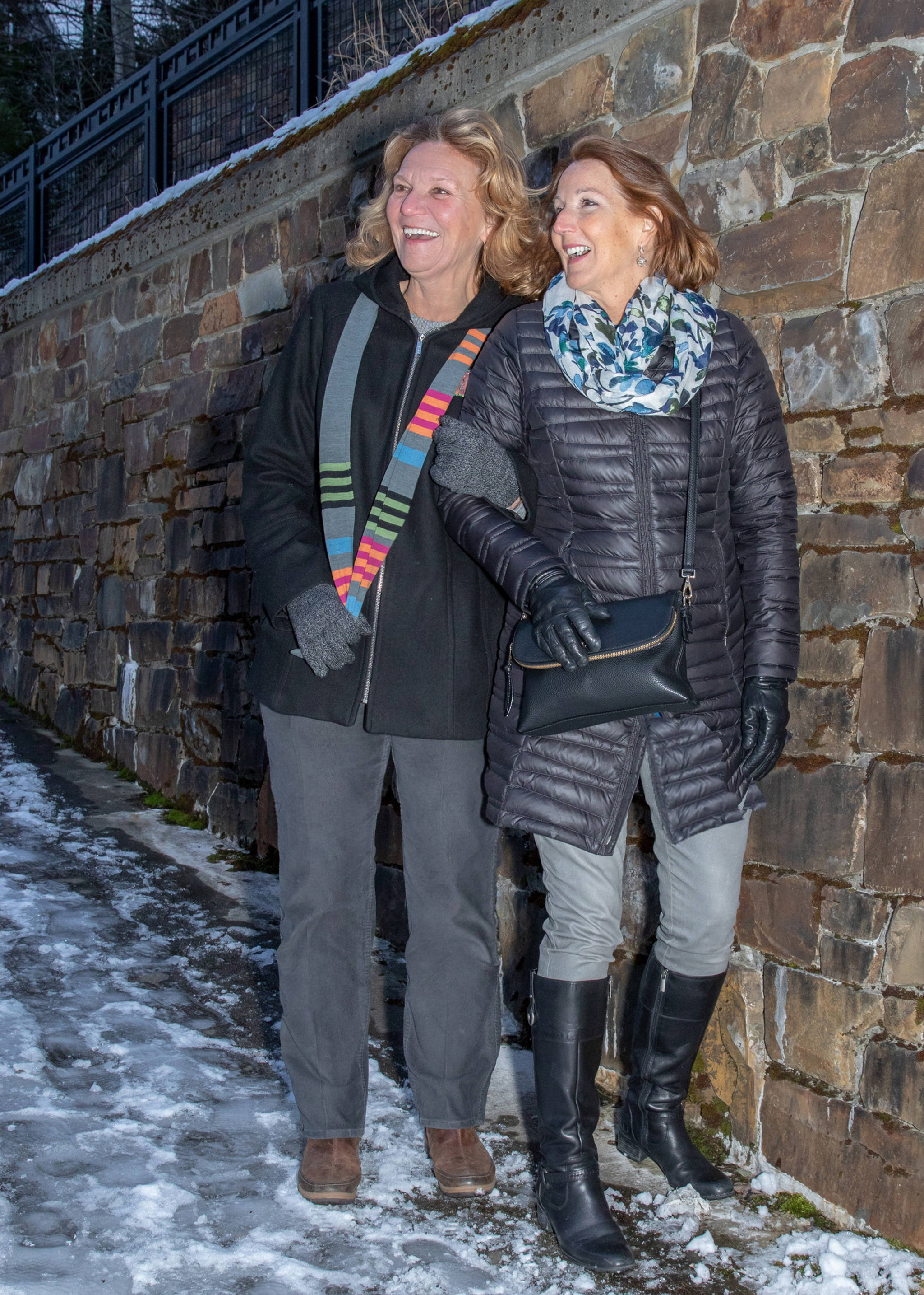 Jan. 13, 2019: Neither rain, nor sleet, nor Taku winds can keep these longtime friends and walking buddies from an outing. Even on the worst weather days, they manage to look great. Sandy’s outfit includes a London Fog coat and Dockers pants, accessorized with Merrell shoes and a multi-colored Smartwool scarf and gloves. Mary Lou sports a Patagonia jacket, NYDJ pants, Bandolino boots, with a scarf from JJill and purse by Kate Spade.