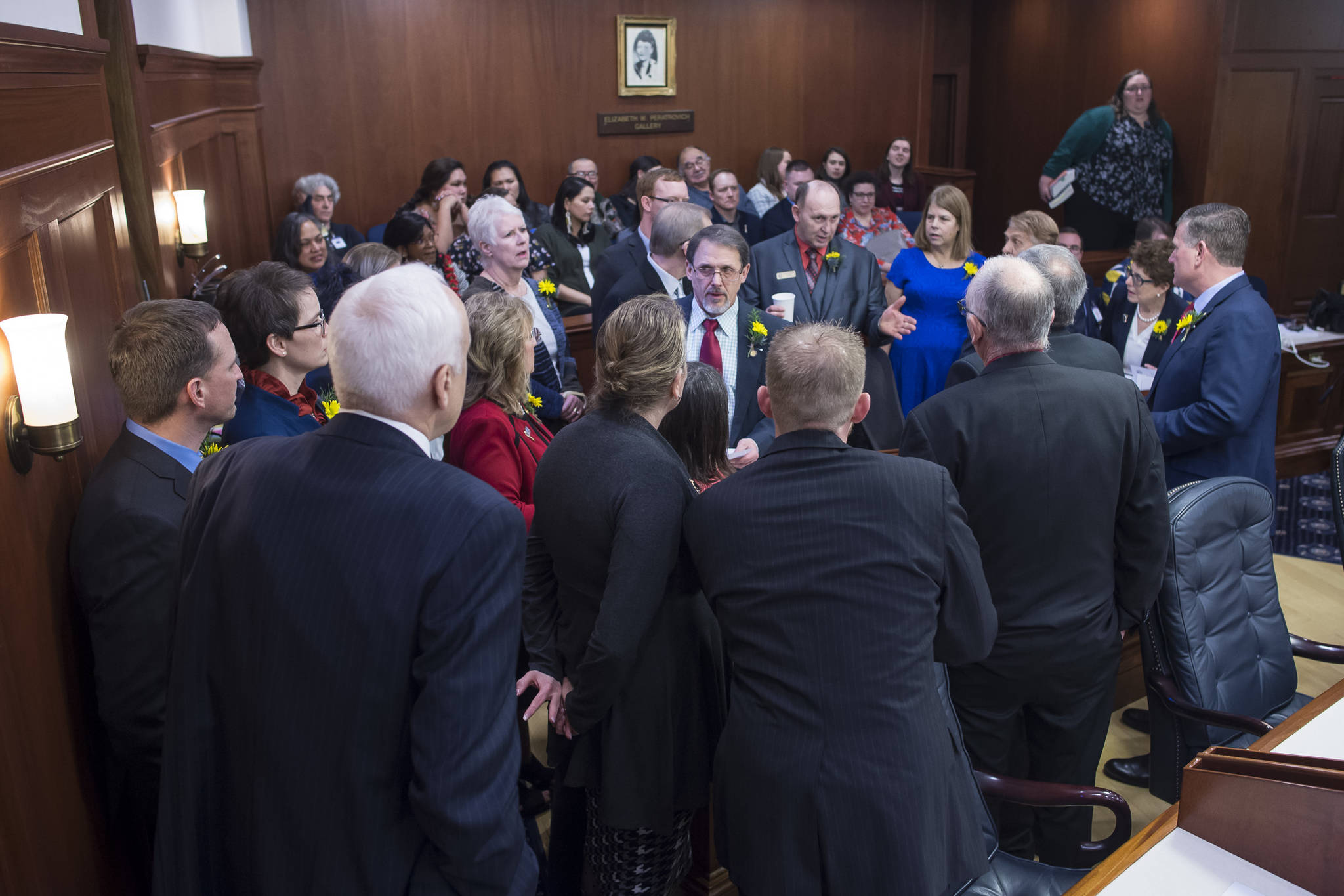 House Republicans huddle for a decision on the opening day of the 31st Session of the Alaska Legislature on Tuesday, Jan. 15, 2019. (Michael Penn | Juneau Empire)