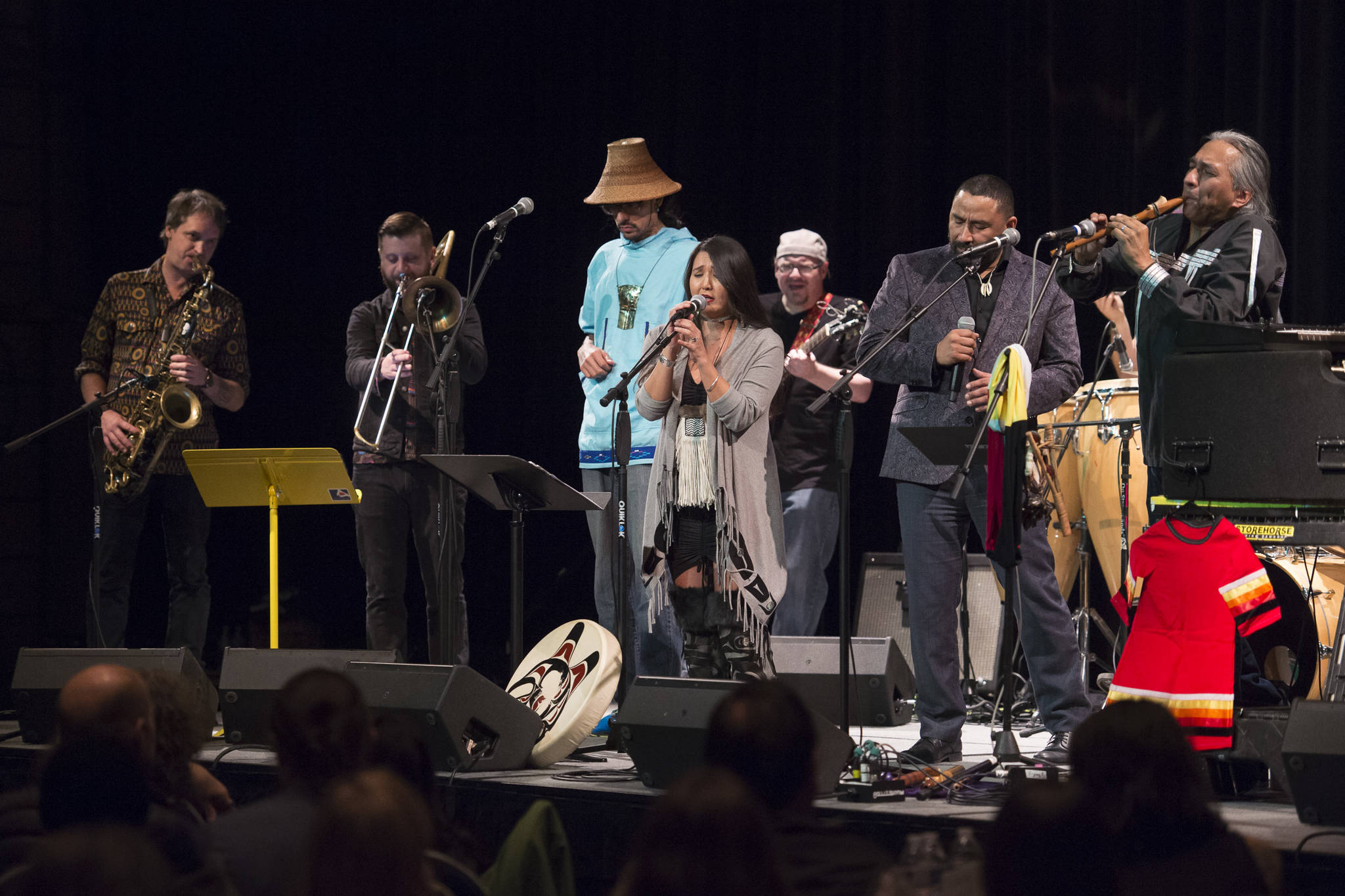 Members of Khu.eex’ perform at Centennial Hall on Monday, Jan. 28, 2019. (Michael Penn | Juneau Empire)