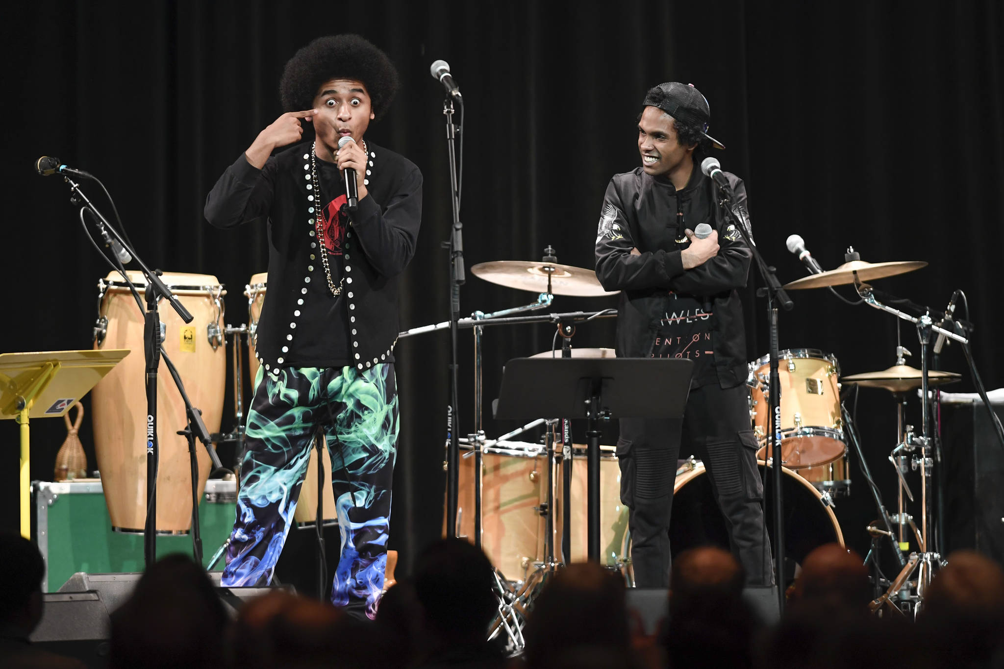 Hip Hop duo of Arias “A.J.” Hoyle and Chris Talley perform an opening act before Khu.eex’ performance at Centennial Hall on Monday, Jan. 28, 2019. (Michael Penn | Juneau Empire)