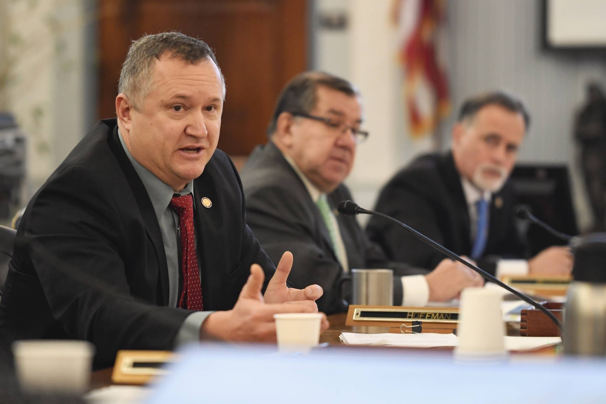 Sen. Mike Shower, R-Wasilla, asks a question as the Senate Finance Committee listens to a supplemental budget offered by Gov. Mike Dunleavy’s Office of Management and Budget Director Donna Arduin at the Capitol on Tuesday, Jan. 29, 2019. Sen. Lyman Hoffman, D-Bethel, center, and Sen. Peter Micciche, R-Soldotna, are in the background. (Michael Penn | Juneau Empire)