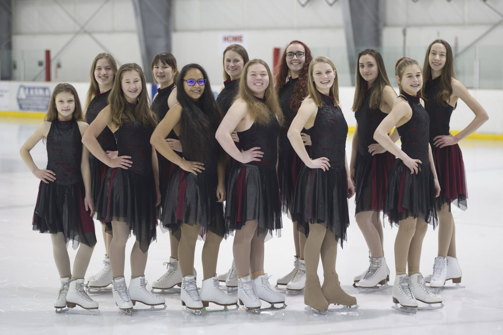 Team Forget-Me-Not pictured at Treadwell Arena on Saturday, Jan. 26, 2019. Back row (left to right): Katherine Fritsch, Melissa Maxwell, Allison Hoy, Emily Bowman, Haylee Hill, Kiera Liska. Front row: Rebecca Maxwell, Adelie McMillan, Dominque Morley, Meredith Fritsch, Leah Welch, Maisy Morley. (Nolin Ainsworth | Juneau Empire)