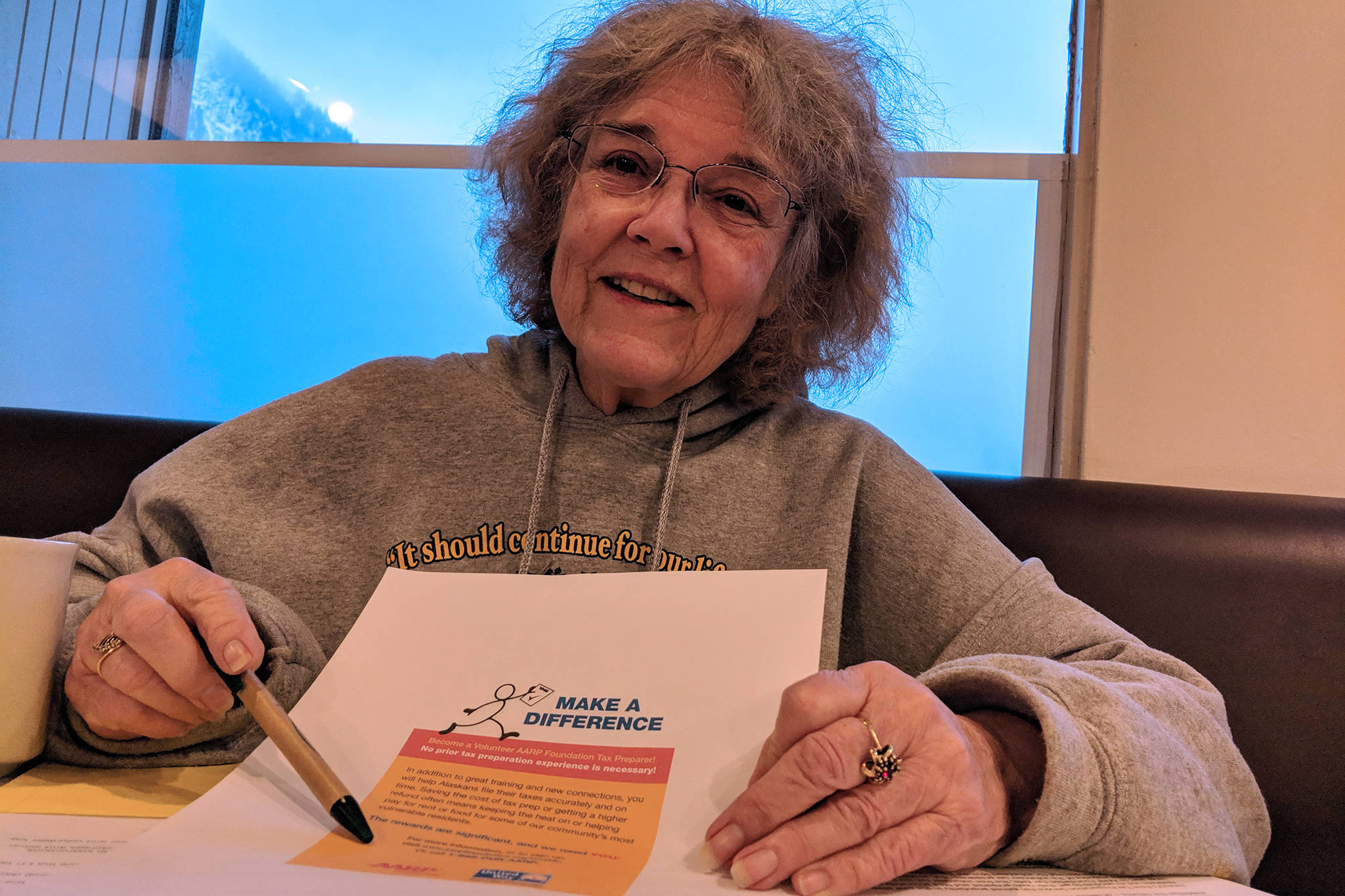 Nora Laughlin, who has volunteered for the AARP Foundation’s Tax-Aide program for over a decade says volunteers for the free tax preparation help service are needed in Juneau. (Ben Hohenstatt | Capital City Weekly)