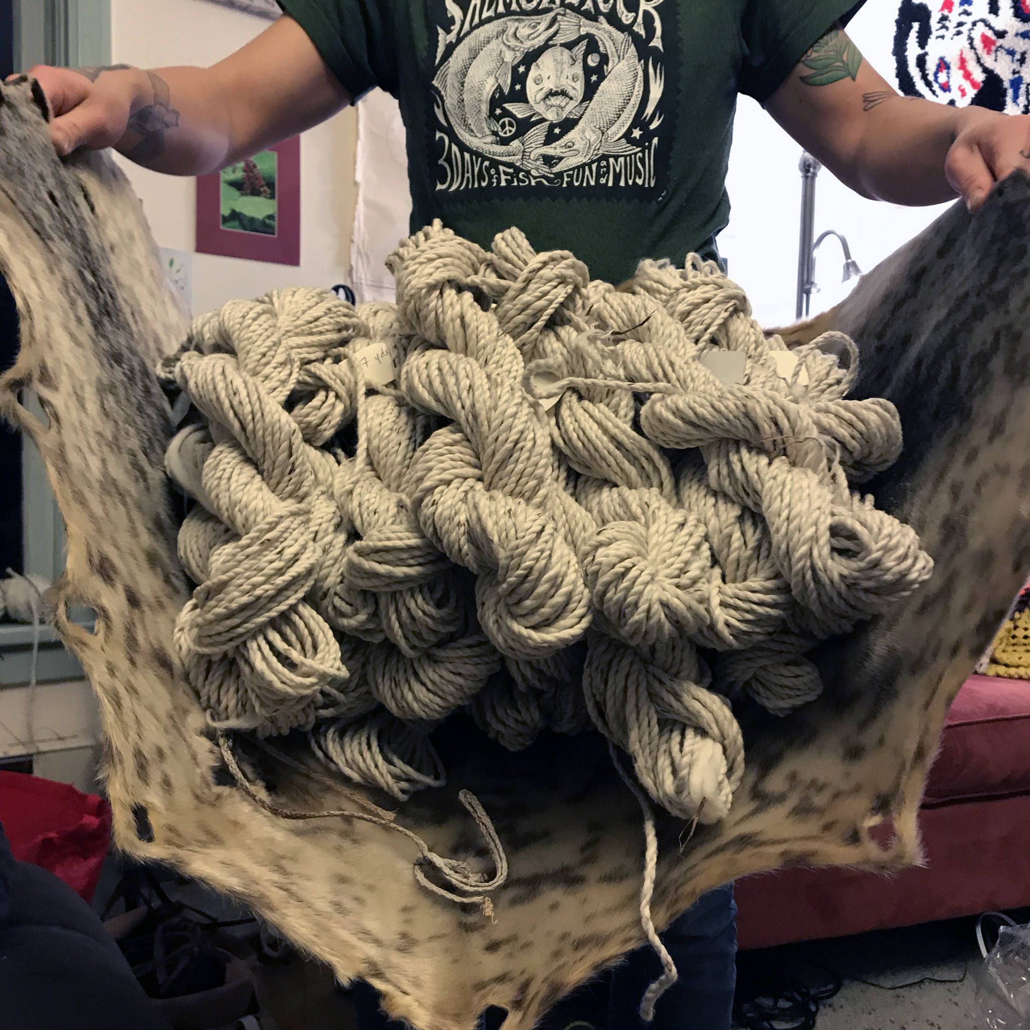 Ricky Tagaban shows off the thousands of feet of yarn he spun in 2018 thanks to a Rasmuson Foundation Project Award. Tagaban was one of several local artists who received project or fellowship support in 2018. (Courtesy Photo | Ryan Hicks)