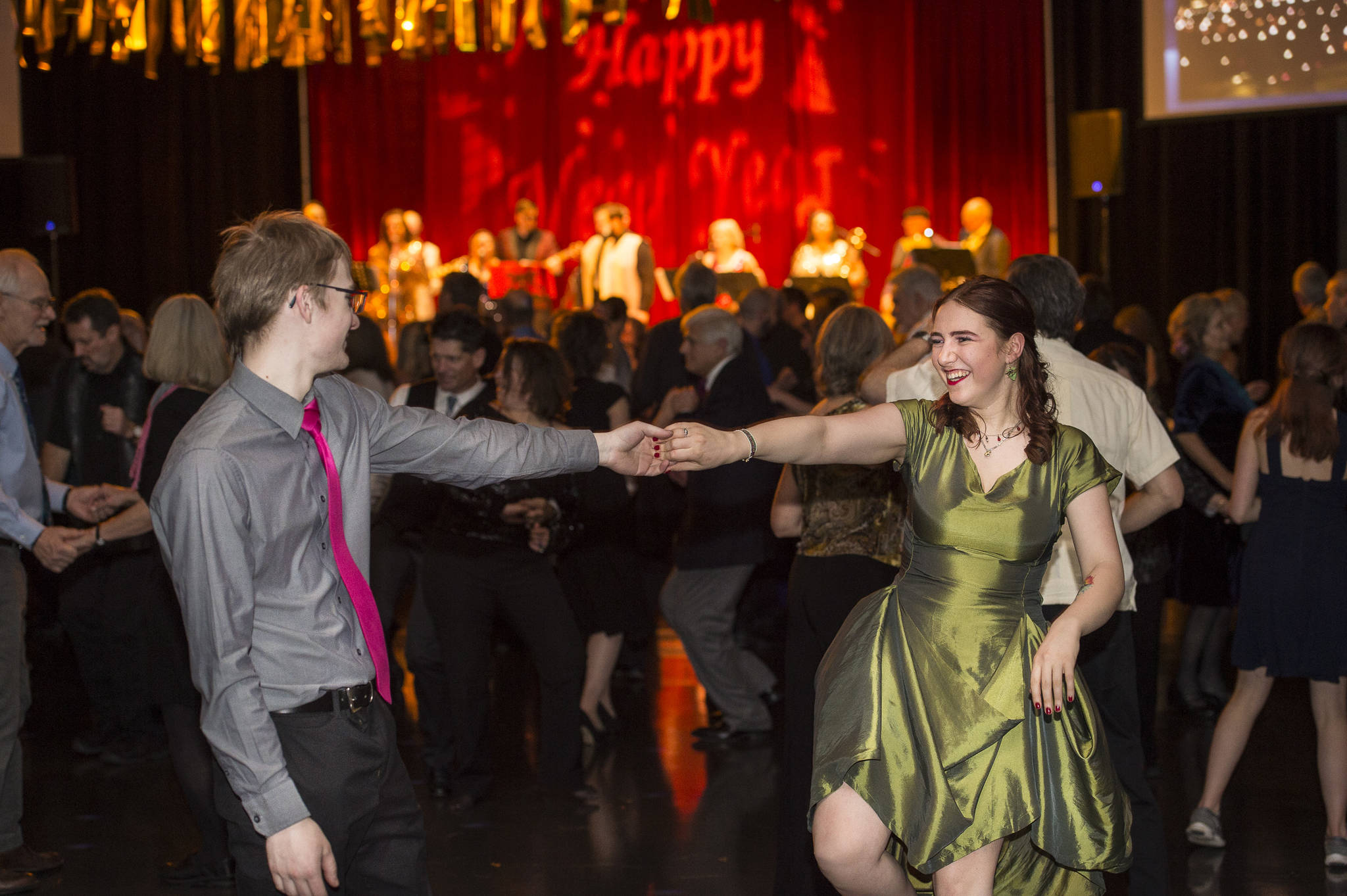 Colton Tersteeg and Clare Boily dance to Gamble & High Costa Livin’ during the New Year’s Eve Gala at Centennial Hall on Monday, Dec. 31, 2018. The event was a fundraiser for the Juneau Arts and Humanities Council and Juneau Jazz & Classics. (Michael Penn | Juneau Empire)