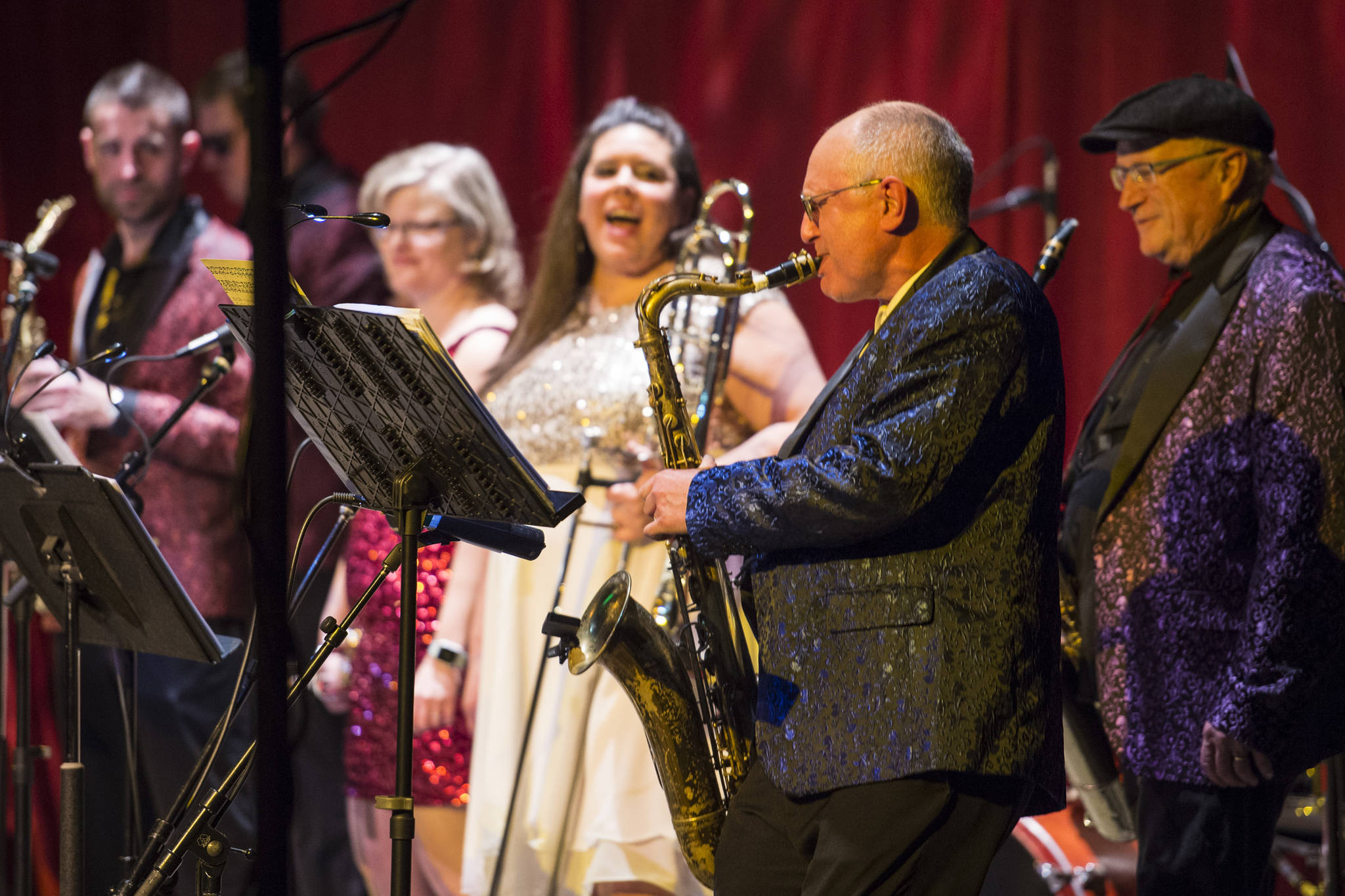 Saxophonist Doug Bridges performs a solo with the Gamble & High Costa Livin’ during the New Year’s Eve Gala at Centennial Hall on Monday, Dec. 31, 2018. The event was a fundraiser for the Juneau Arts and Humanities Council and Juneau Jazz & Classics. (Michael Penn | Juneau Empire)