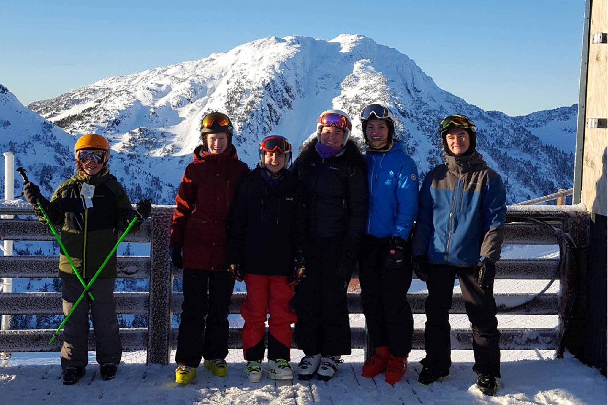 The Juneau Ski Club’s FreeRide Team on the top of Eaglecrest on Saturday. Left to right: Eero Wooldord, McKenna McNutt, Sophia Caputo, Gabi Griggs, JoJo Griggs, Austin Smith. (Courtesy Photo | Randy Bates).