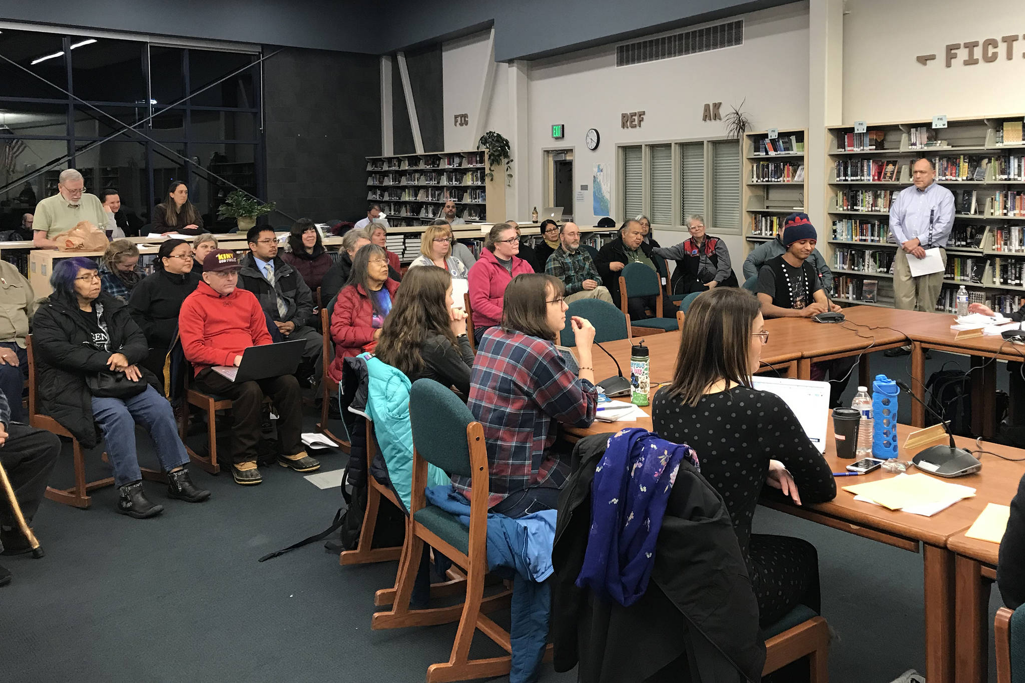 Arias Hoyle speaks to the Juneau School District School Board about gifting a Tlingit name to Juneau-Douglas High School at Thunder Mountain High School on Tuesday Jan. 8, 2019. (Mollie Barnes | Juneau Empire)