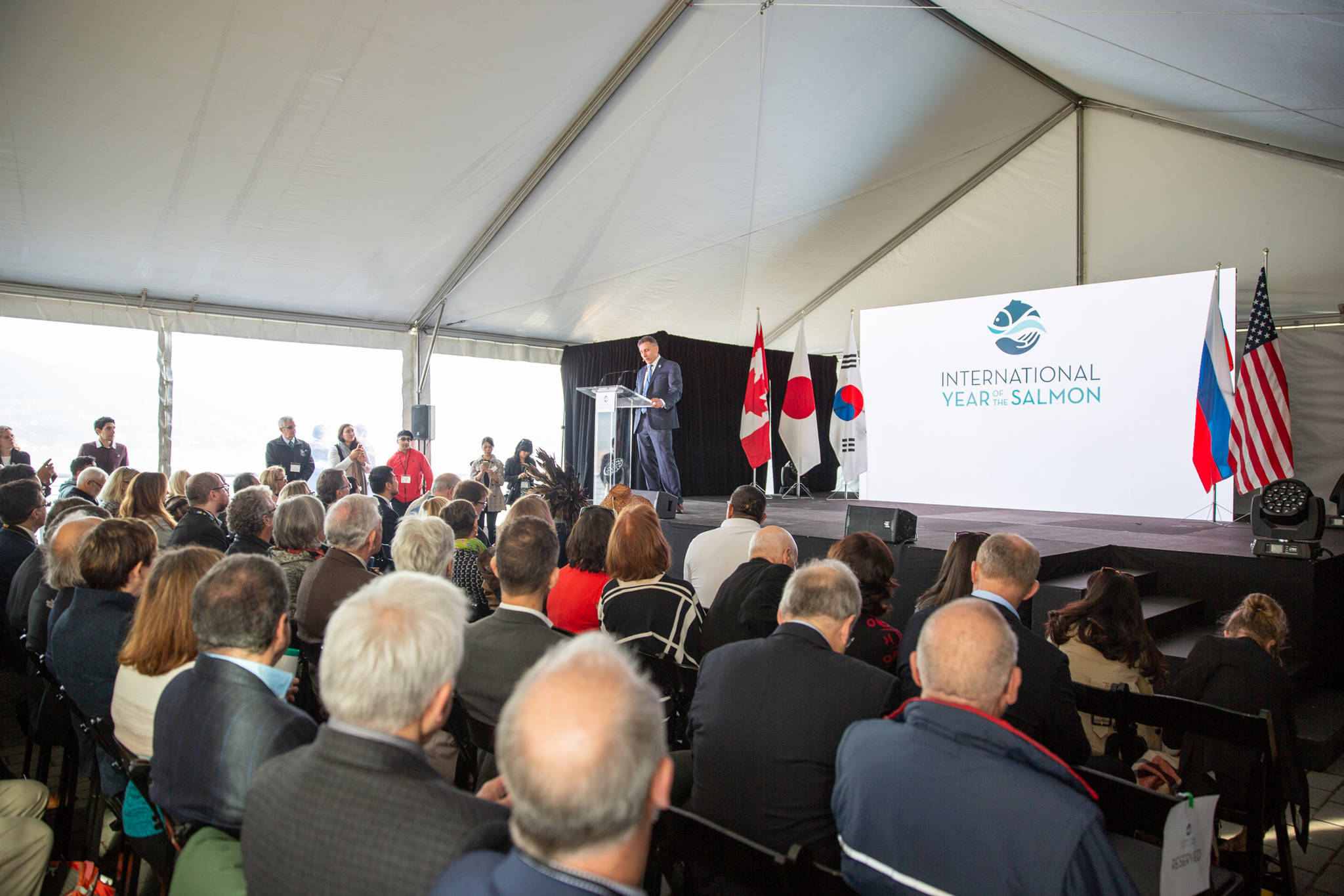 International Year of the Salmon Director for the North Pacific Region Mark Saunders gives an introduction to the International Year of the Salmon at the opening event in October 2018 in Vancouver, British Columbia. (Courtesy Photo)