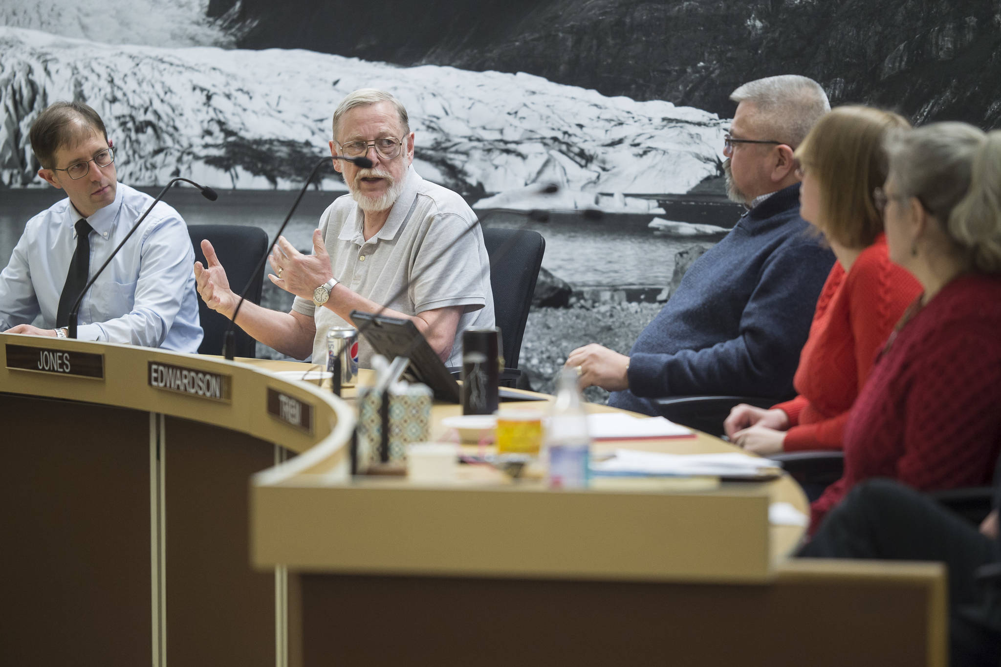 Assembly member Loren Jones, second from left, makes a recommendation that exploring new JACC funding should be taken up by the Public Works & Facilities Committee during a Finance Committee meeting on Wednesday, Jan. 9, 2019. (Michael Penn | Juneau Empire)