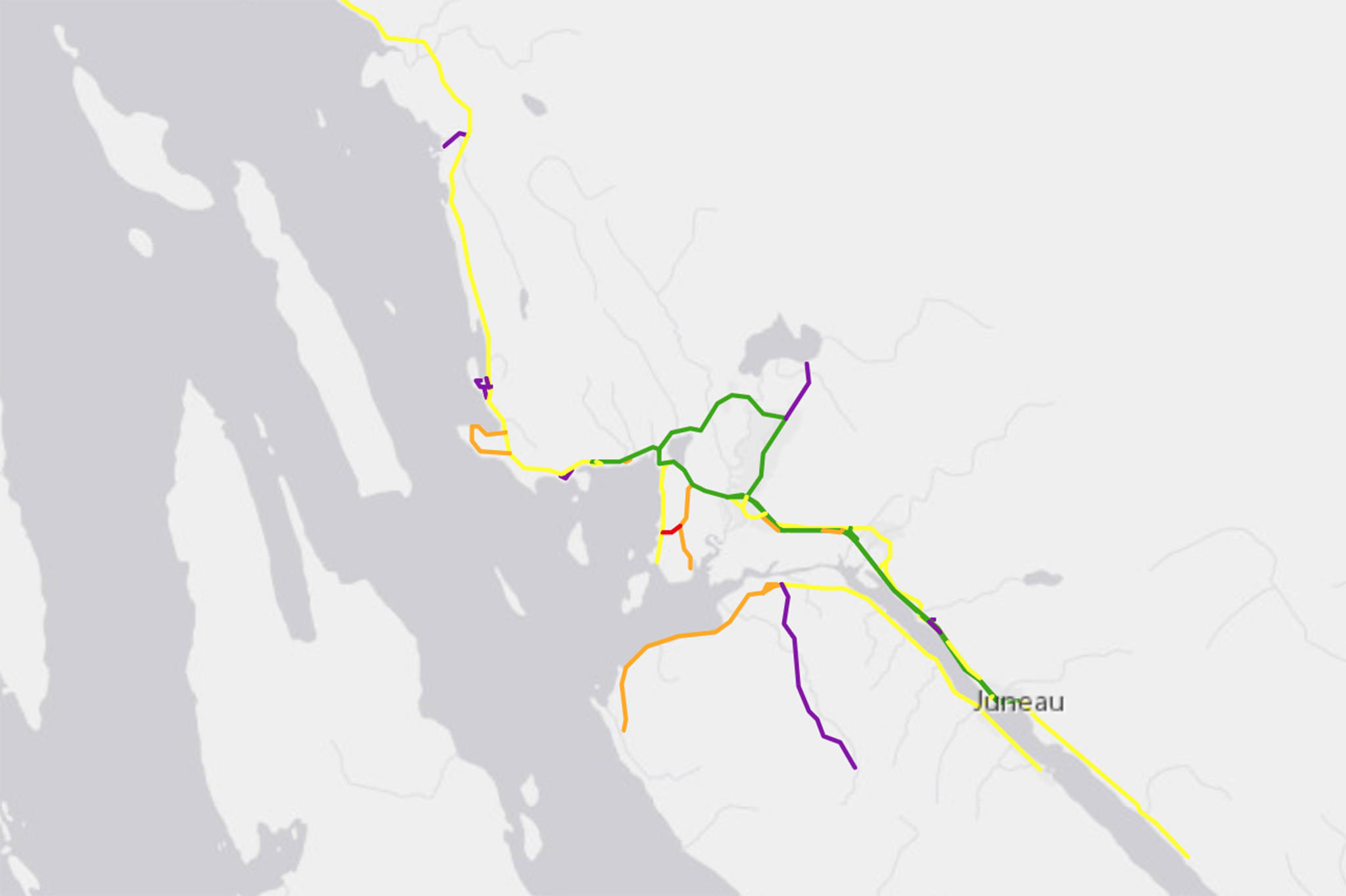 The Department of Transportation and Public Facilities changed the snow plowing road priorities for Juneau to raise Mendenhall Loop Road to priority one. This graphic shows priority one roads in green, priority two roads in yellow, priority three roads in orange, priority four roads in purple and priority five roads in red. (Courtesy Photo)
