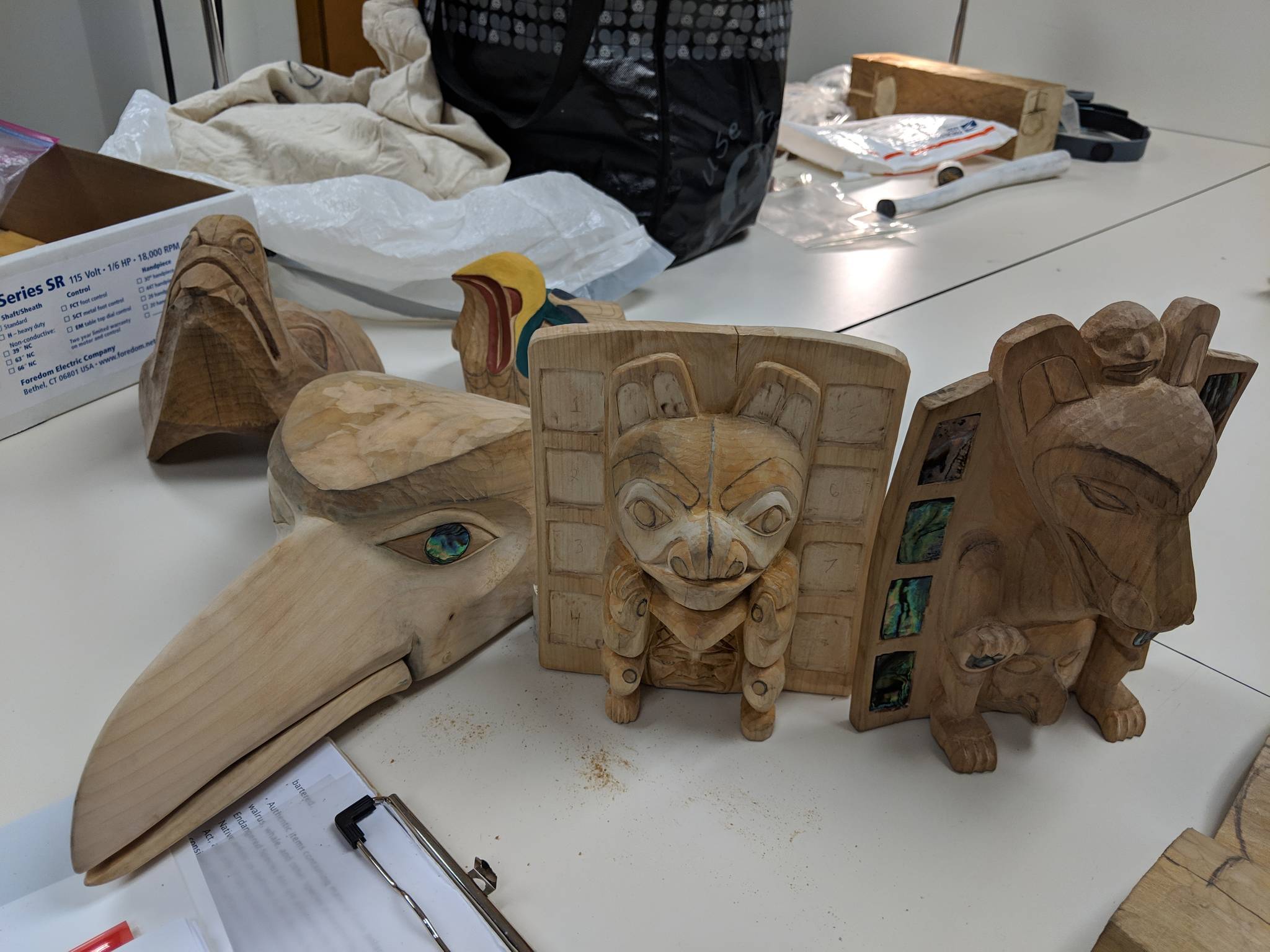 An assortment of carved works made during carving practice Saturday, Jan. 12, 2019. (Ben Hohenstatt | Capital City Weekly)