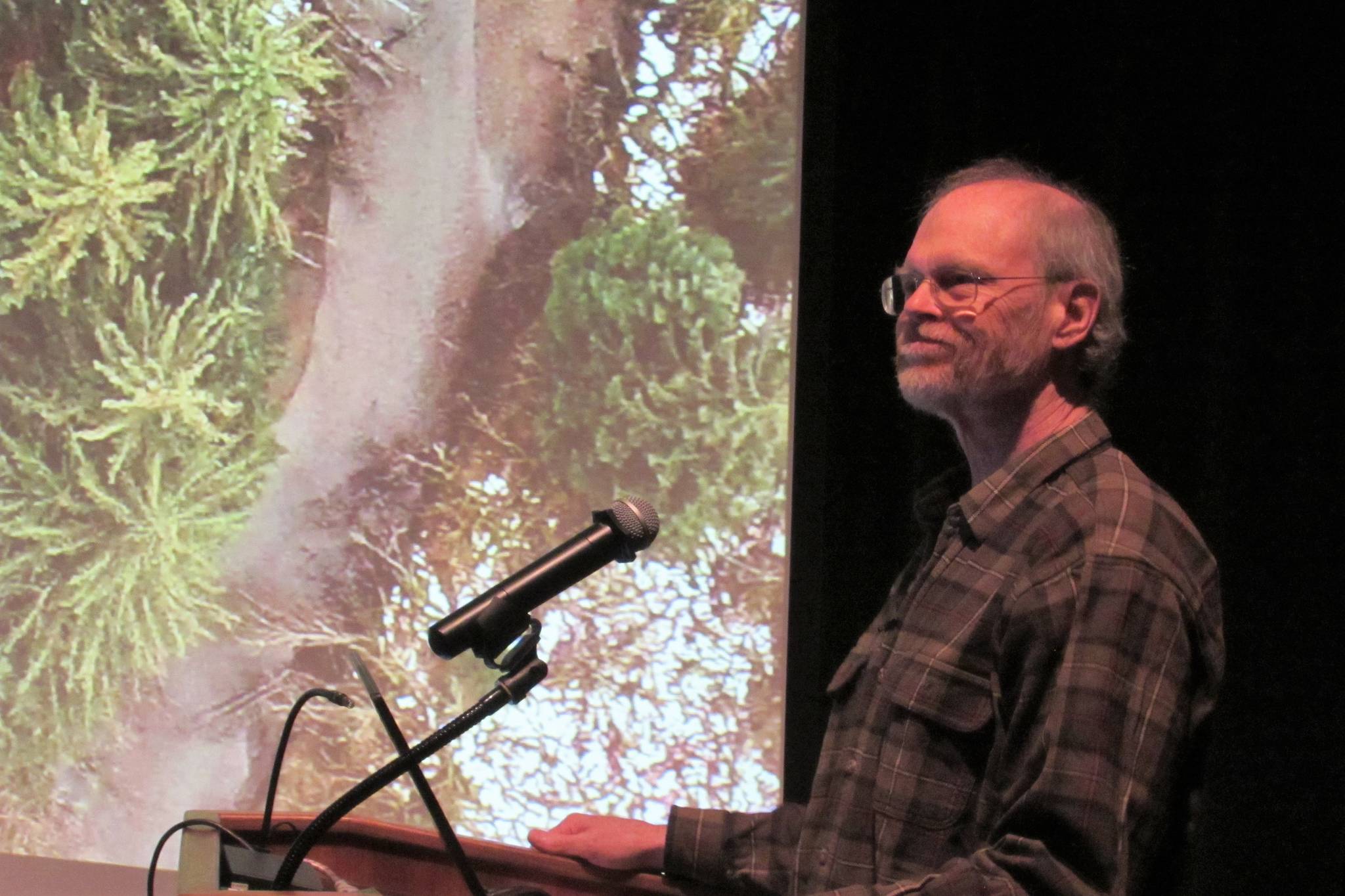 Richard Carstensen, lead naturalist for Discovery Southeast, speaks during a presentation about the Kaxdigoowu Héen (Montana Creek) watershed Saturday, Jan. 12, 2019.
