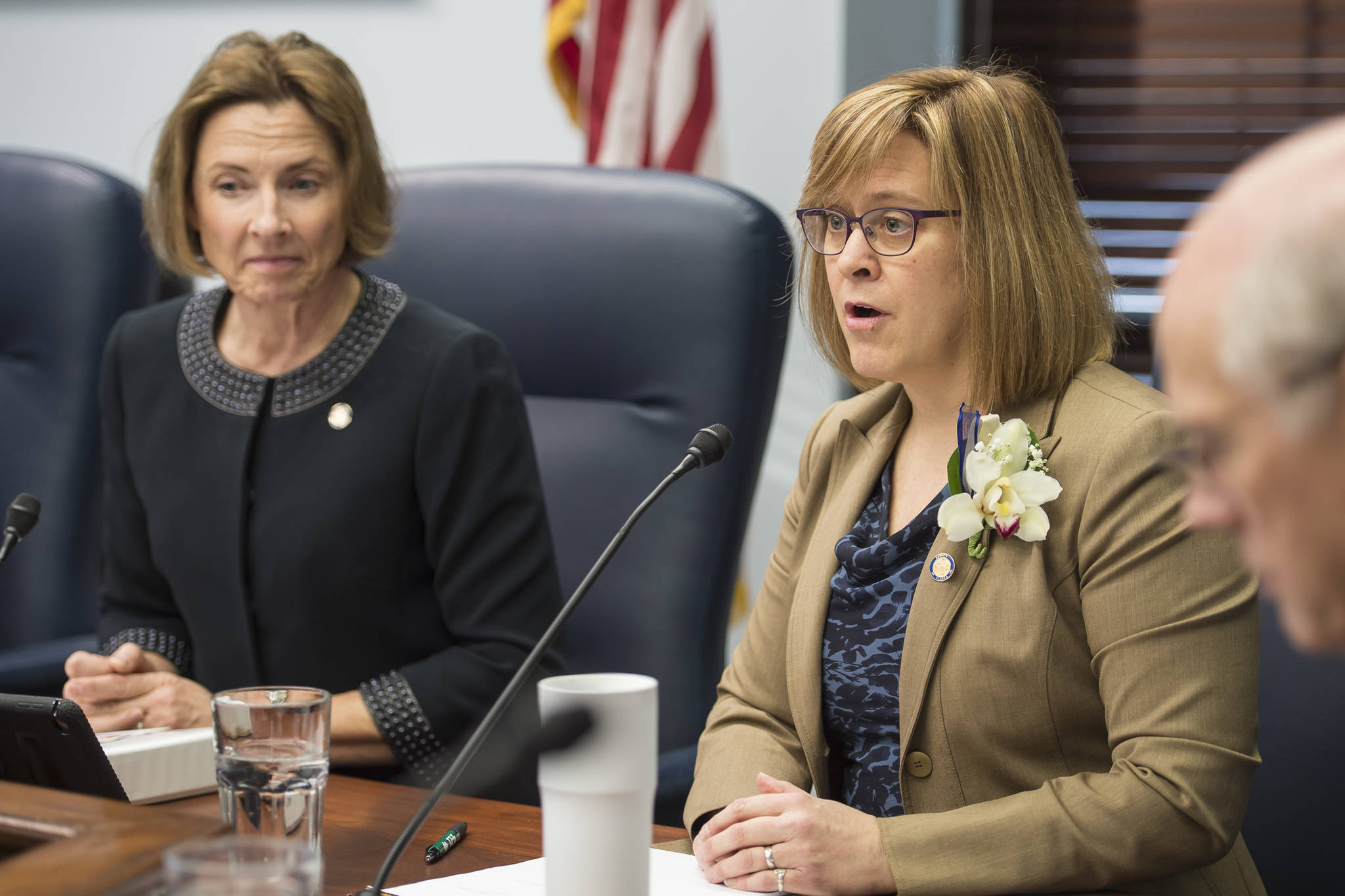 Sen. Mia Costello, R-Anchorage, right, and Senate President Cathy Giessel, R-Anchorage, speak during a Senate Majority press conference on the opening day of the 31st Session of the Alaska Legislature on Tuesday, Jan. 15, 2019. (Michael Penn | Juneau Empire)