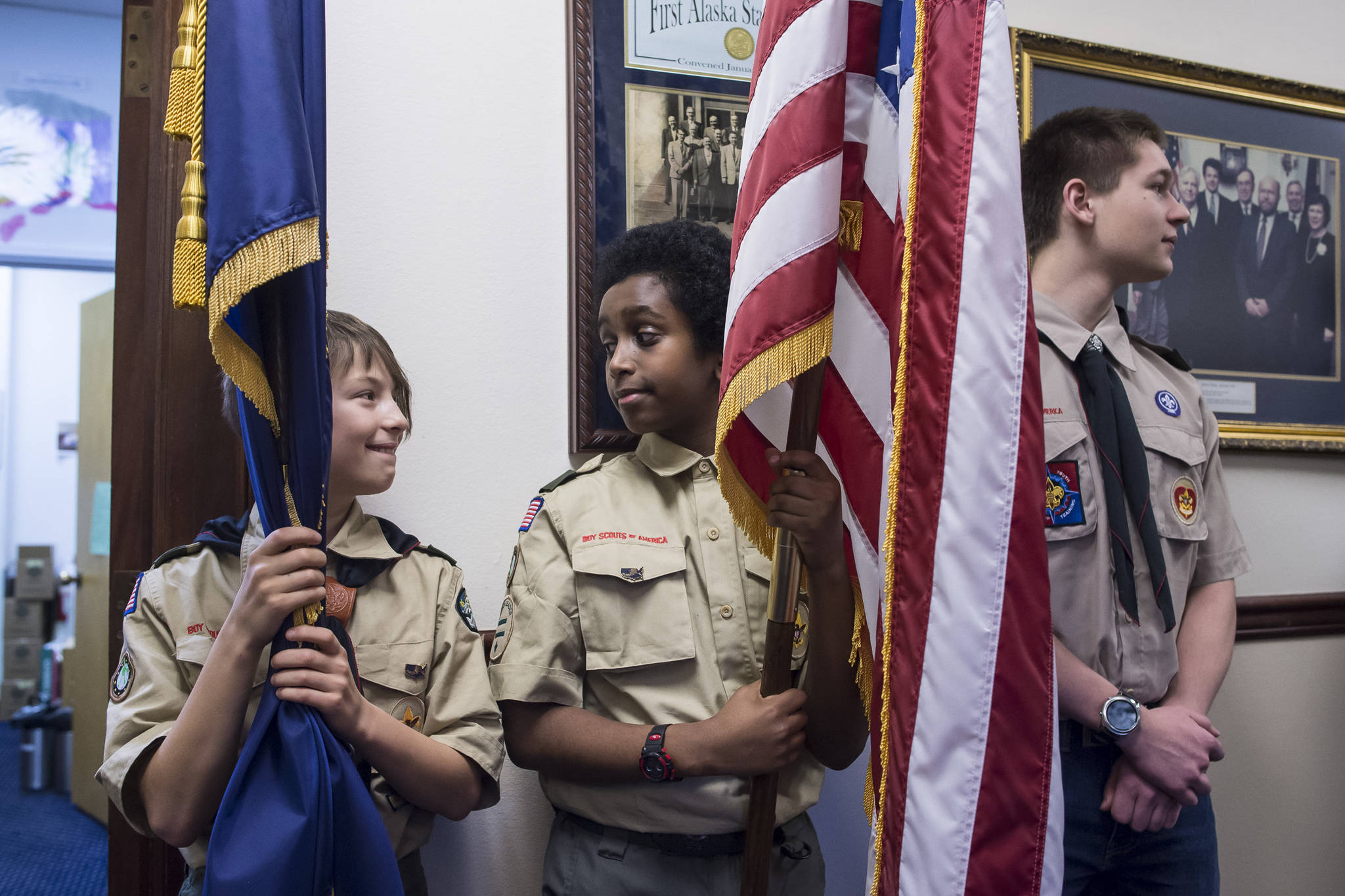 Boys Scouts wait to present the colors on the opening day of the 31st Session of the Alaska Legislature on Tuesday, Jan. 15, 2019. (Michael Penn | Juneau Empire)