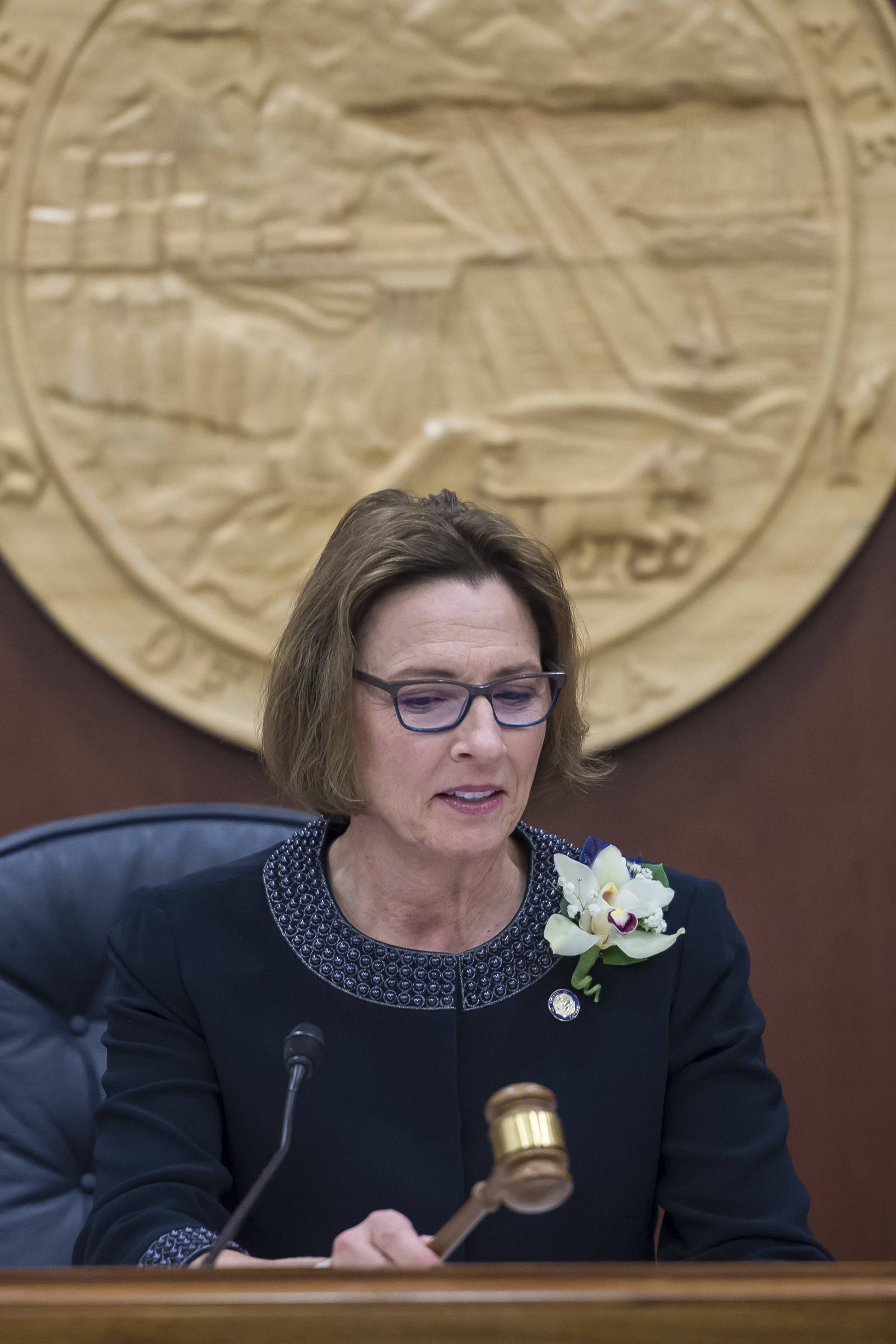 Senate President Cathy Giessel, R-Anchorage, gavels in on the opening day of the 31st Session of the Alaska Legislature on Tuesday, Jan. 15, 2019. (Michael Penn | Juneau Empire)