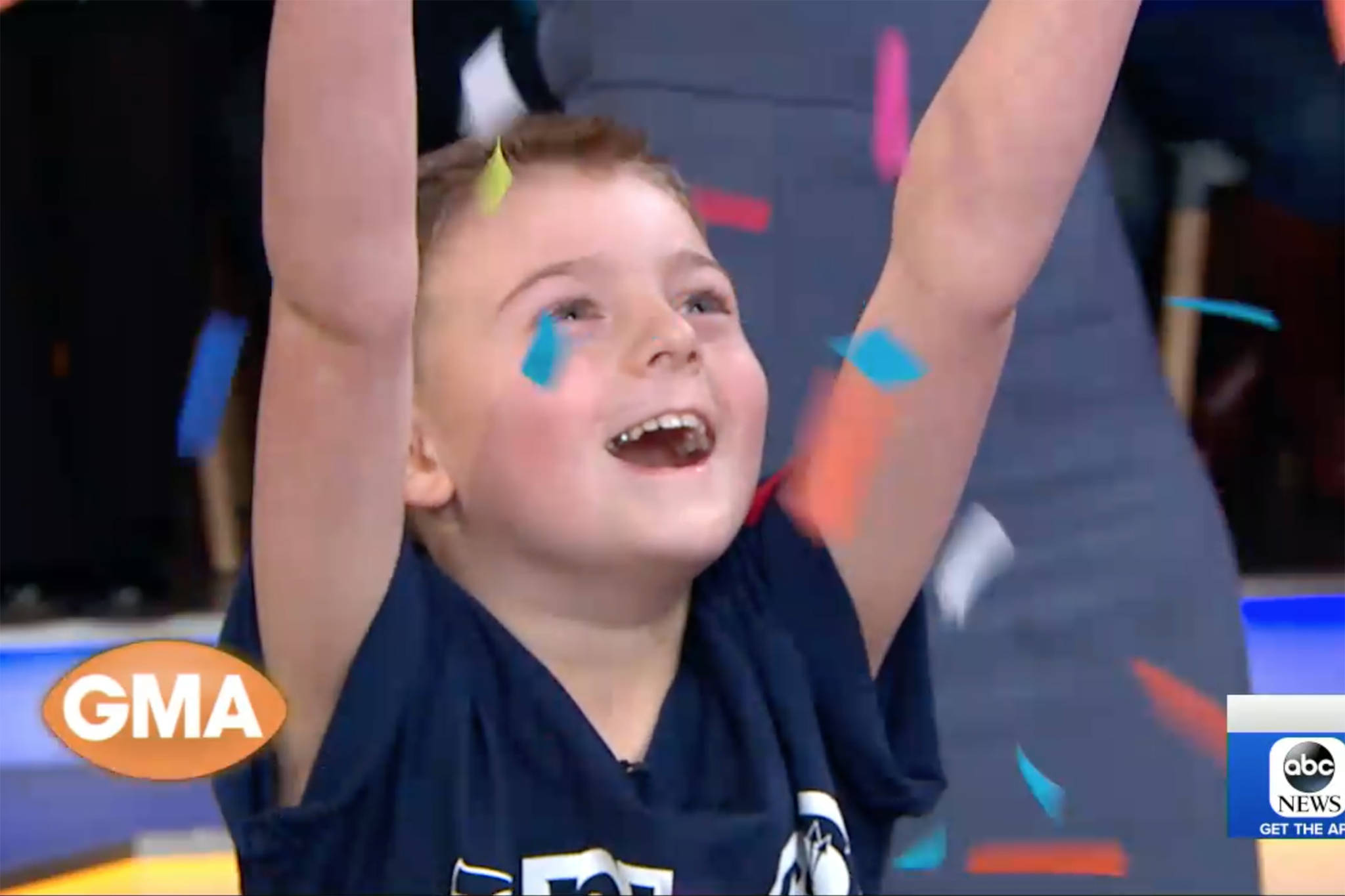 Camdyn Clancy, 8, celebrates winning the NFL PLAY 60 Super Kid contest during ABC’s “Good Morning America” on Tuesday. (Screenshot)