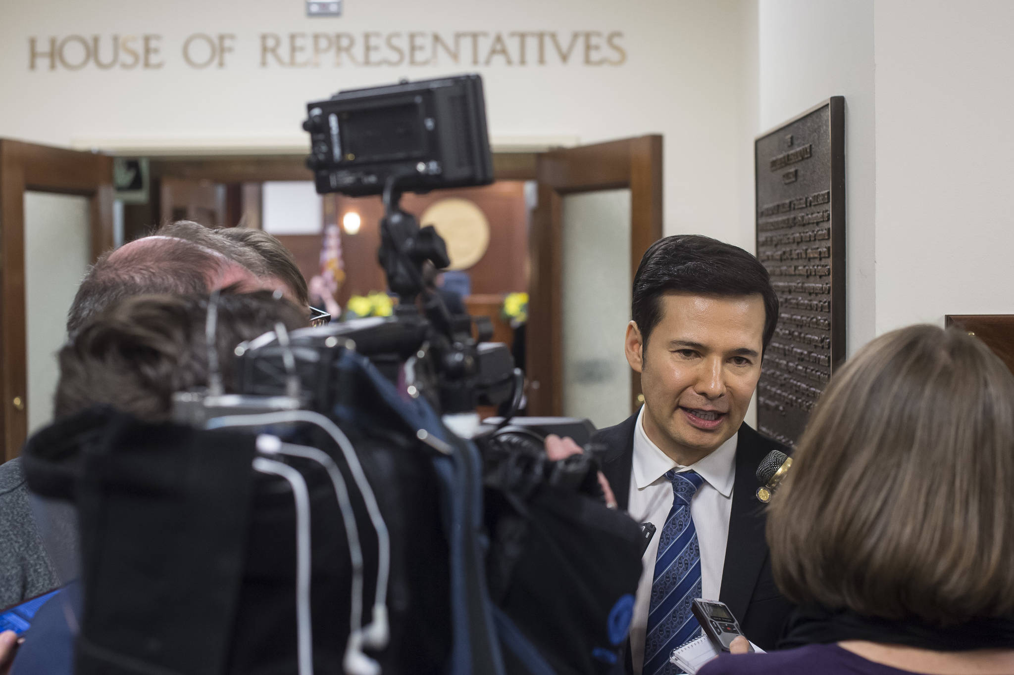 Rep. Neal Foster, D-Nome, is interviewed by members of the media outside the House of Representatives chamber after being voted as Speaker Pro Tempore by House members at the Capitol on Thursday, Jan. 17, 2019. (Michael Penn | Juneau Empire)