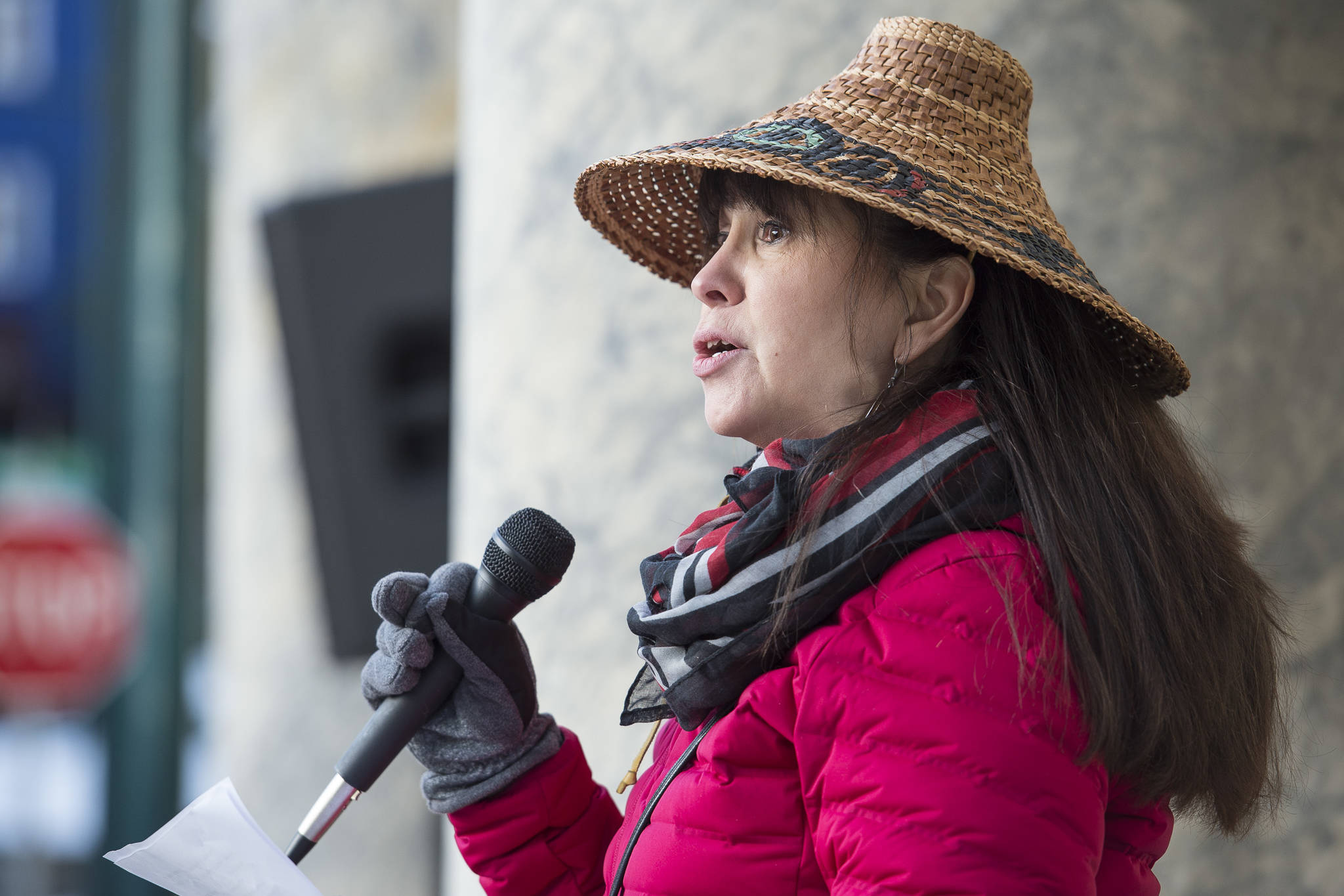 Sandy Edwardson speaks at the Women’s March on Juneau in front of the Alaska State Capitol on Saturday, Jan. 19, 2019. (Michael Penn | Juneau Empire)