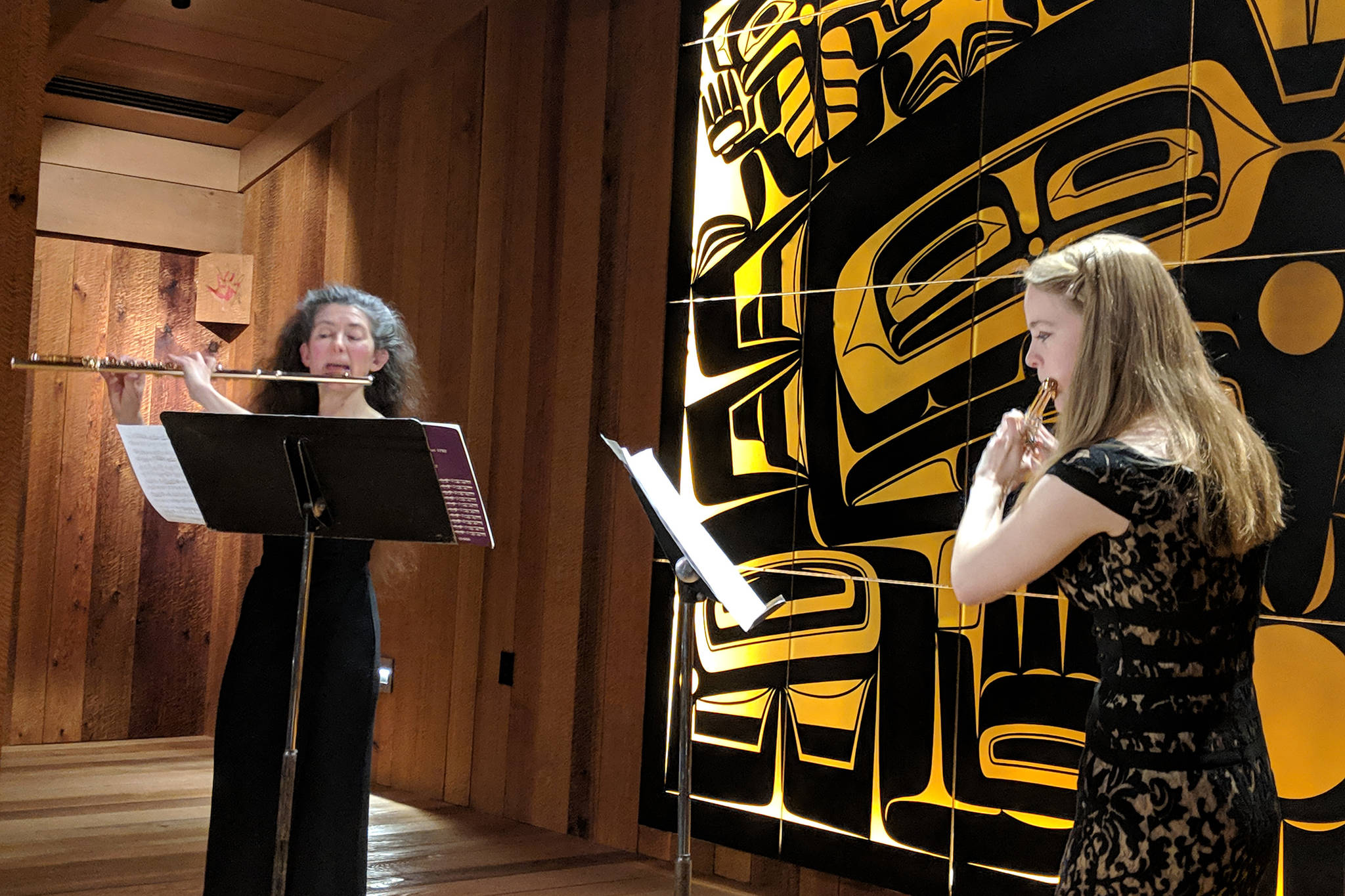 Kathryn Kurtz and Ingrid White rehearse before the Shuká Hít Series: Flutes From Around the World concert, Saturday, Jan. 19, 2019. (Ben Hohenstatt | Capital City Weekly)