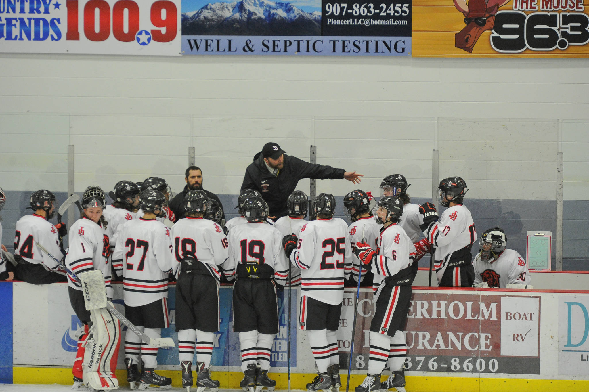 Coach Matt Boline tries to motivate his squad in the third period. (Michael Dinneen | For the Juneau Empire)