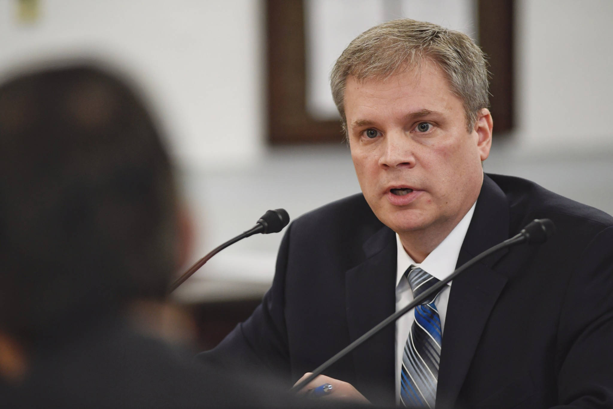 Dr. Michael Johnson, Commissioner of Education and Early Development, is interviewed by members of the Senate Finance Committee at the Capitol on Wednesday, Feb. 6, 2019. Gov. Mike Dunleavy has chosen Dr. Johnson as a Lt. Governor successor if needed. (Michael Penn | Juneau Empire)
