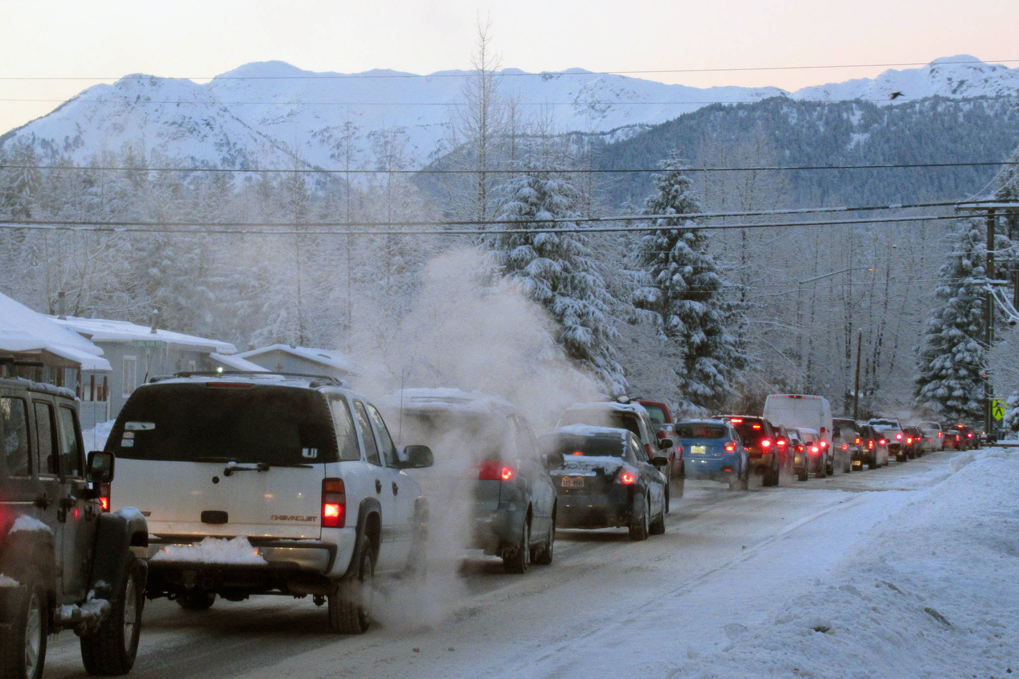Traffic at Riverside and Stephen Richards drives backs up past Gee Street the morning of Feb. 8, 2019. There is a plan to alleviate traffic at the congestion-prone intersection. (Ben Hohenstatt | Juneau Empire)