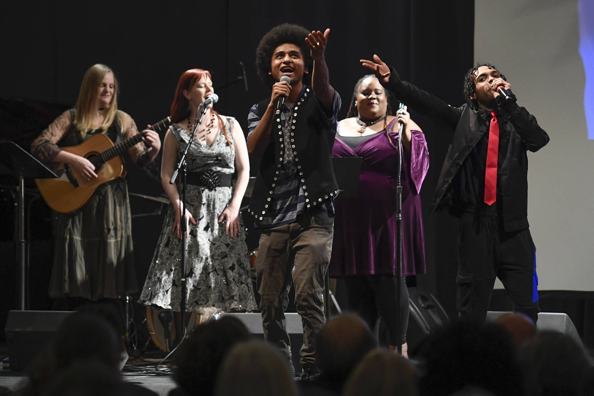 Laura Zahasky, left, Marian Call, Arias Hoyle, Jocelyn Miles and Chris Talley perform at the 2019 Governor’s Arts and Humanities Awards at the Juneau Arts & Culture Center on Thursday, Feb. 7, 2019. (Michael Penn | Juneau Empire)