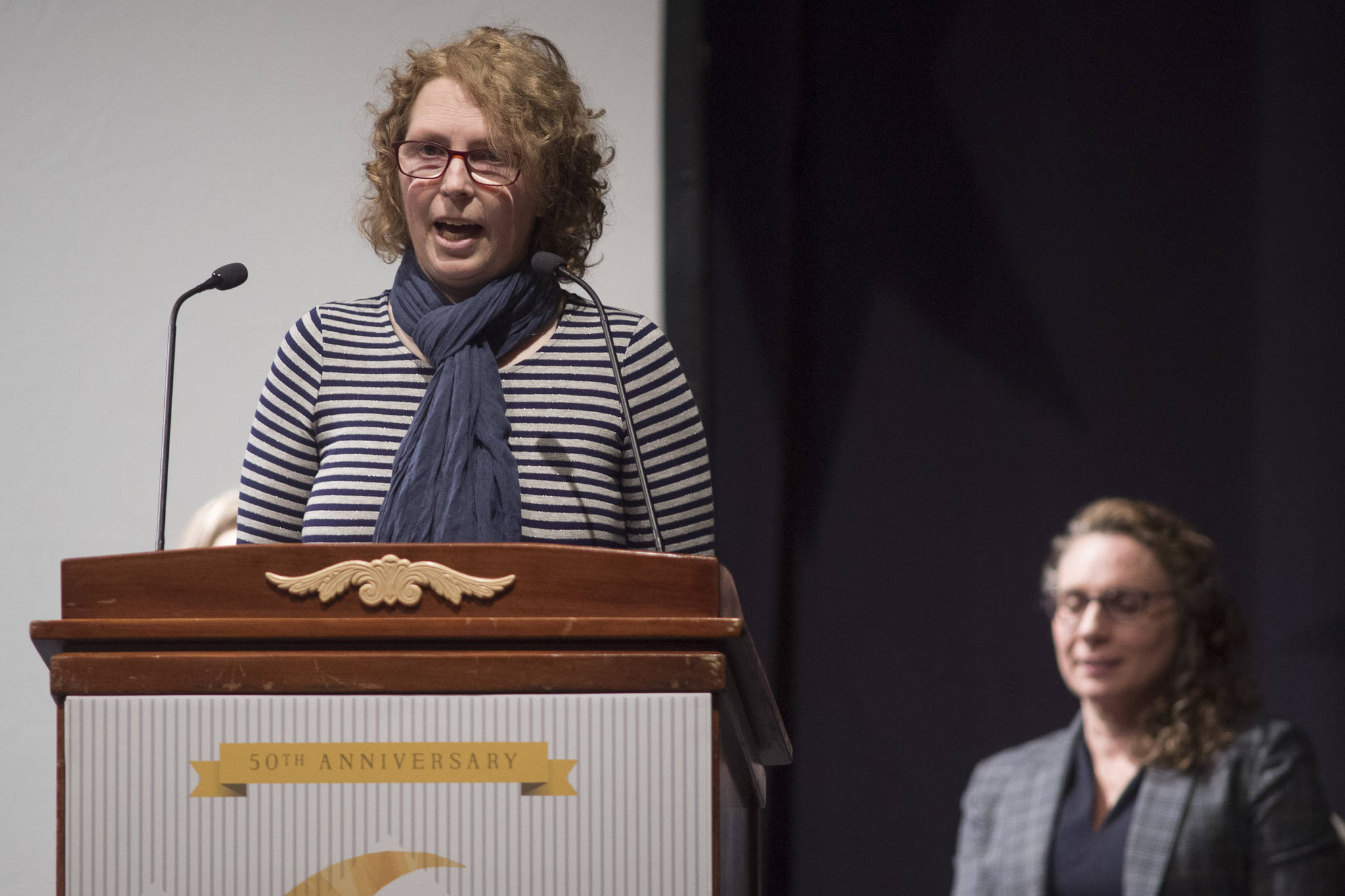 Shannon Haugland, of Sitka, gives a thank you speech after winning the Arts Advocacy Award at the 2019 Governor’s Arts and Humanities Awards at the Juneau Arts & Culture Center on Thursday, Feb. 7, 2019. (Michael Penn | Juneau Empire)