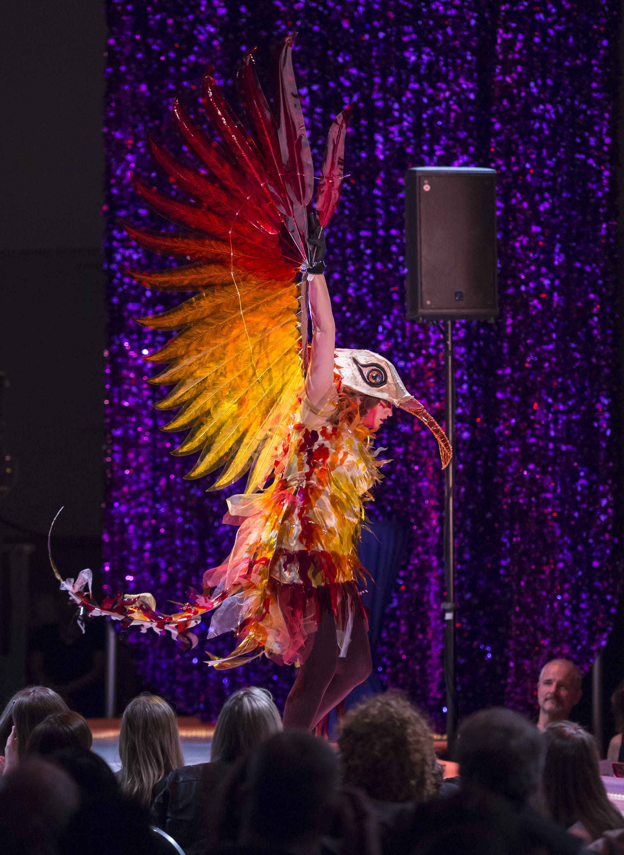 “Phlight of the Phoenix” by Kathleen Harper and Annie Szeliski, modeled by Stacy Katasse, at the Wearable Art Show at Centennial Hall on Saturday, Feb. 17, 2018. Phlight of Phoenix won the People’s Choice Award. (Michael Penn | Juneau Empire File)
