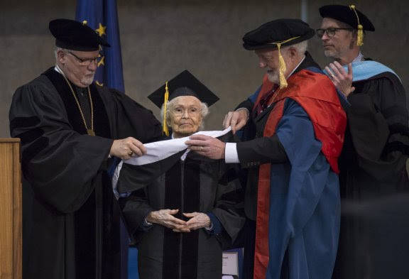 Dr. Kaayistaan Marie Olson receiving an honorary doctorate of humane letters from UAS, May 2018. (Courtesy Photo |Michael Penn for UAS)