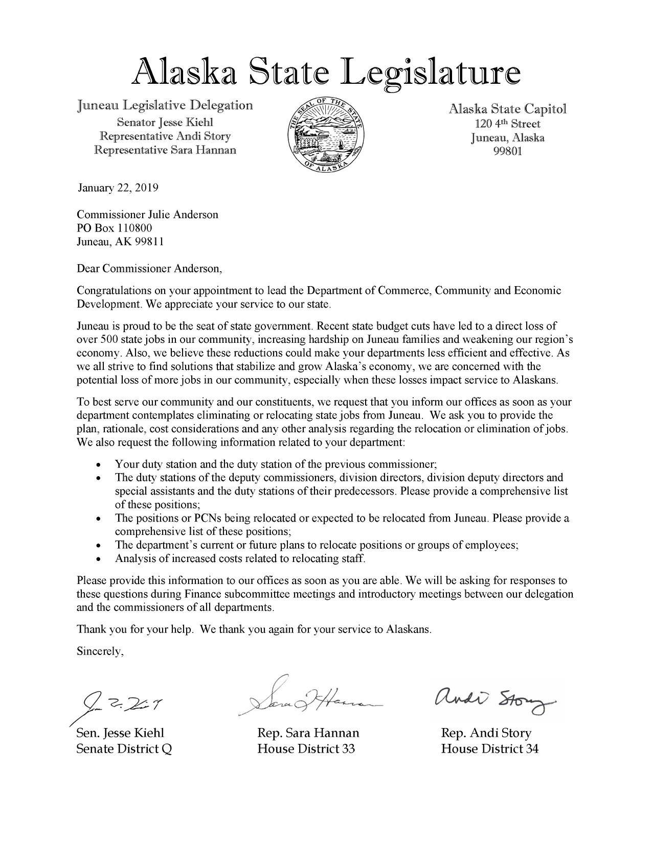 Juneau’s lawmakers sent this letter expressing concern about state jobs leaving Juneau. (Courtesy photo | Representative Andi Story on Facebook)