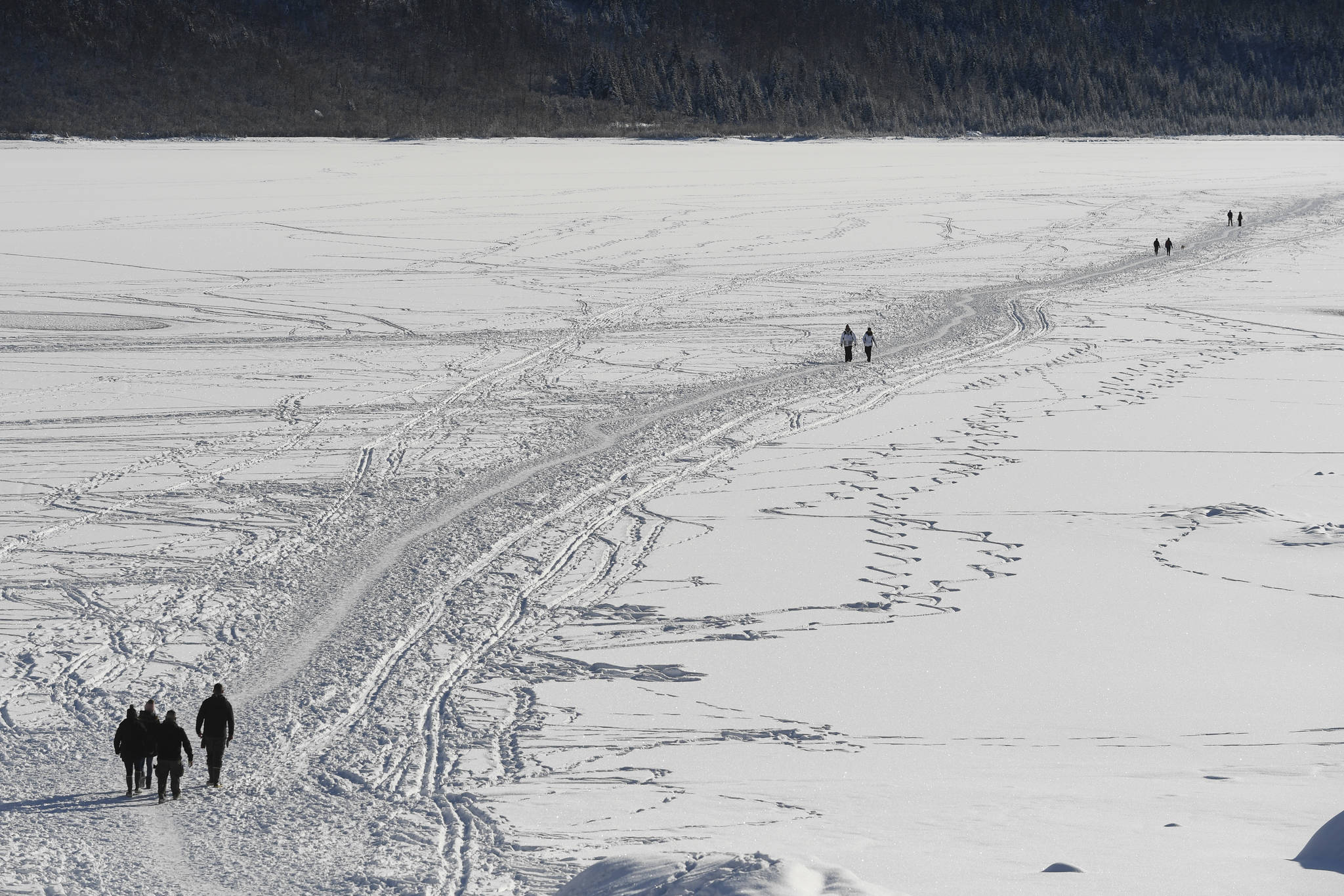 People walk to and from the Mendenhall Glacier on the frozen Mendenhall Lake on Monday, Feb. 11, 2019. (Michael Penn | Juneau Empire)