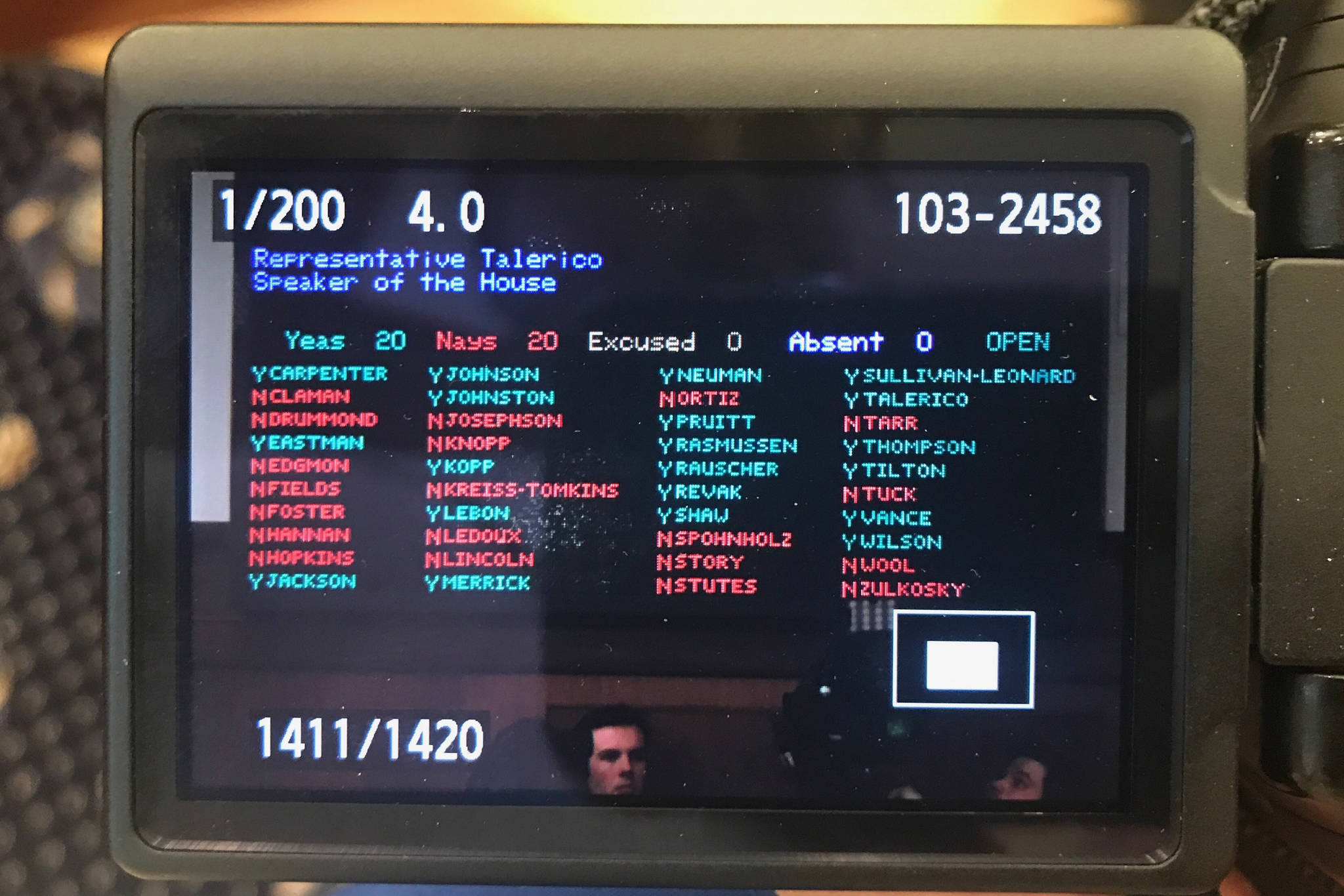 The board in the House of Representatives chamber shows the 20-20 vote on whether to name Rep. Dave Talerico, R-Healy, the Speaker of the House. (Alex McCarthy | Juneau Empire)