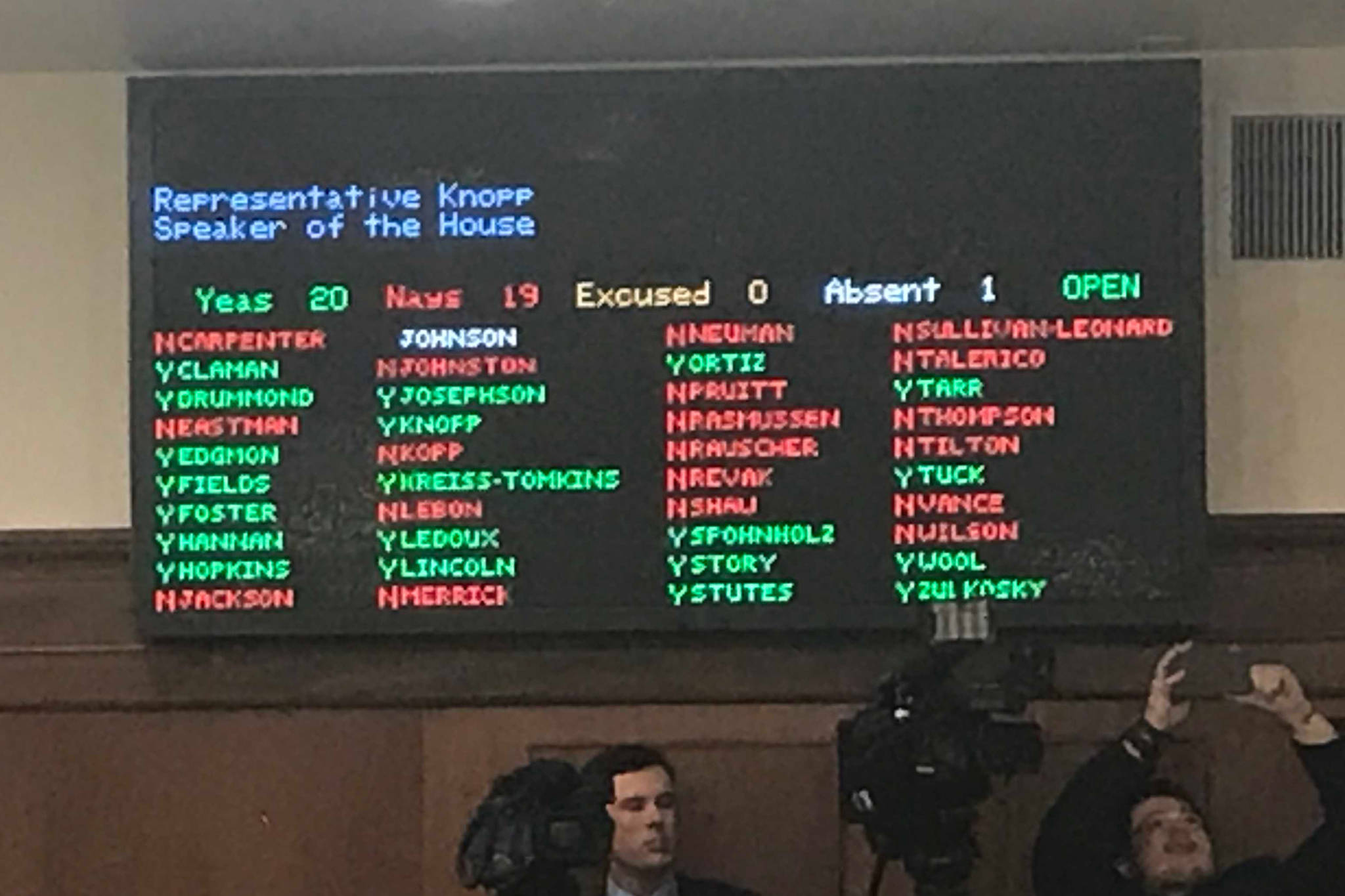 The board in the House of Representatives chamber shows the 20-20 vote on whether to name Rep. Gary Knopp, R-Kenai, the Speaker of the House. (Alex McCarthy | Juneau Empire)
