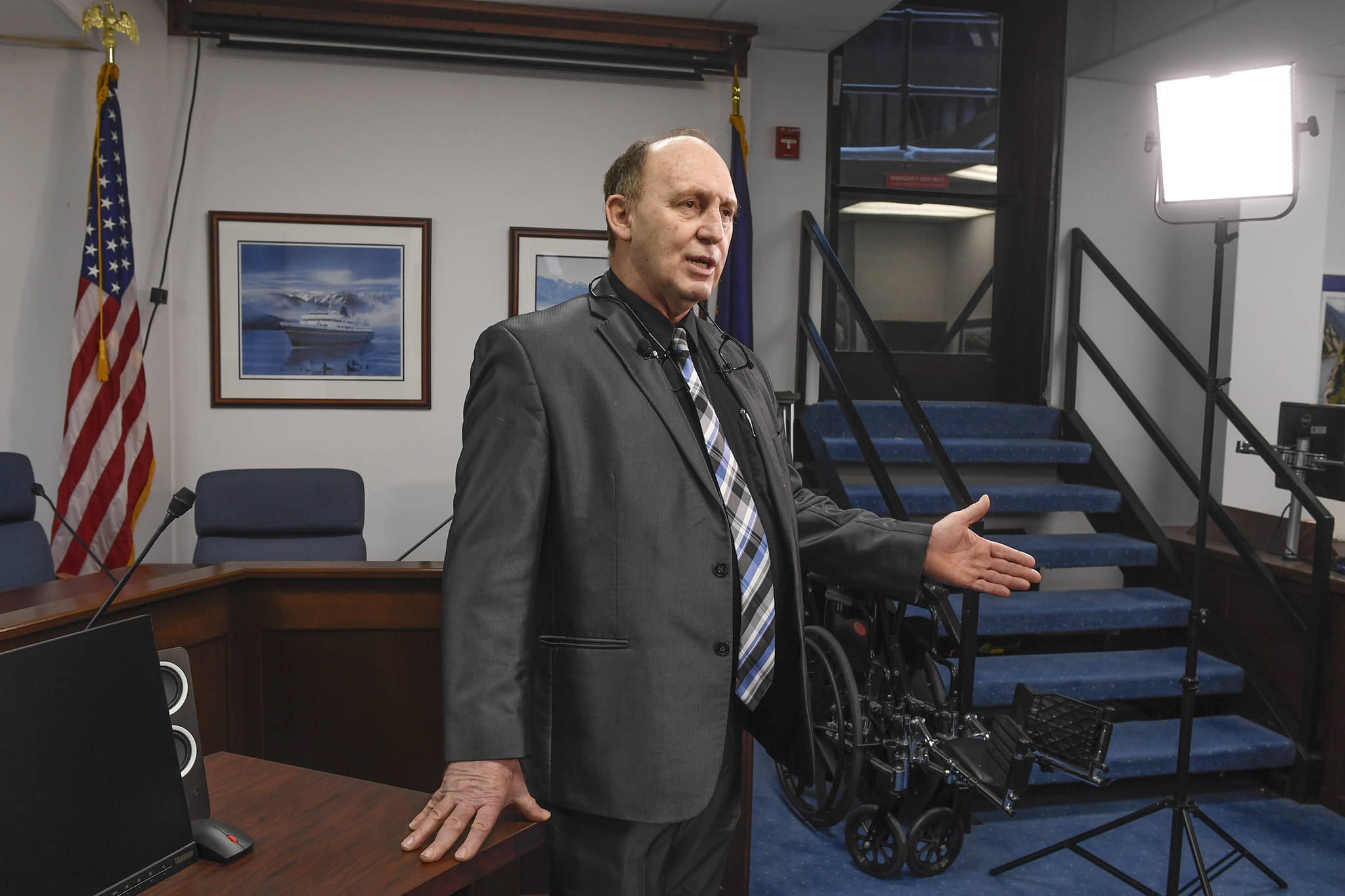 Rep. Gary Knopp, R-Kenai, talks to the media about his nomination for Speaker of the House at the Capitol on Tuesday, Feb. 12, 2019. (Michael Penn | Juneau Empire)