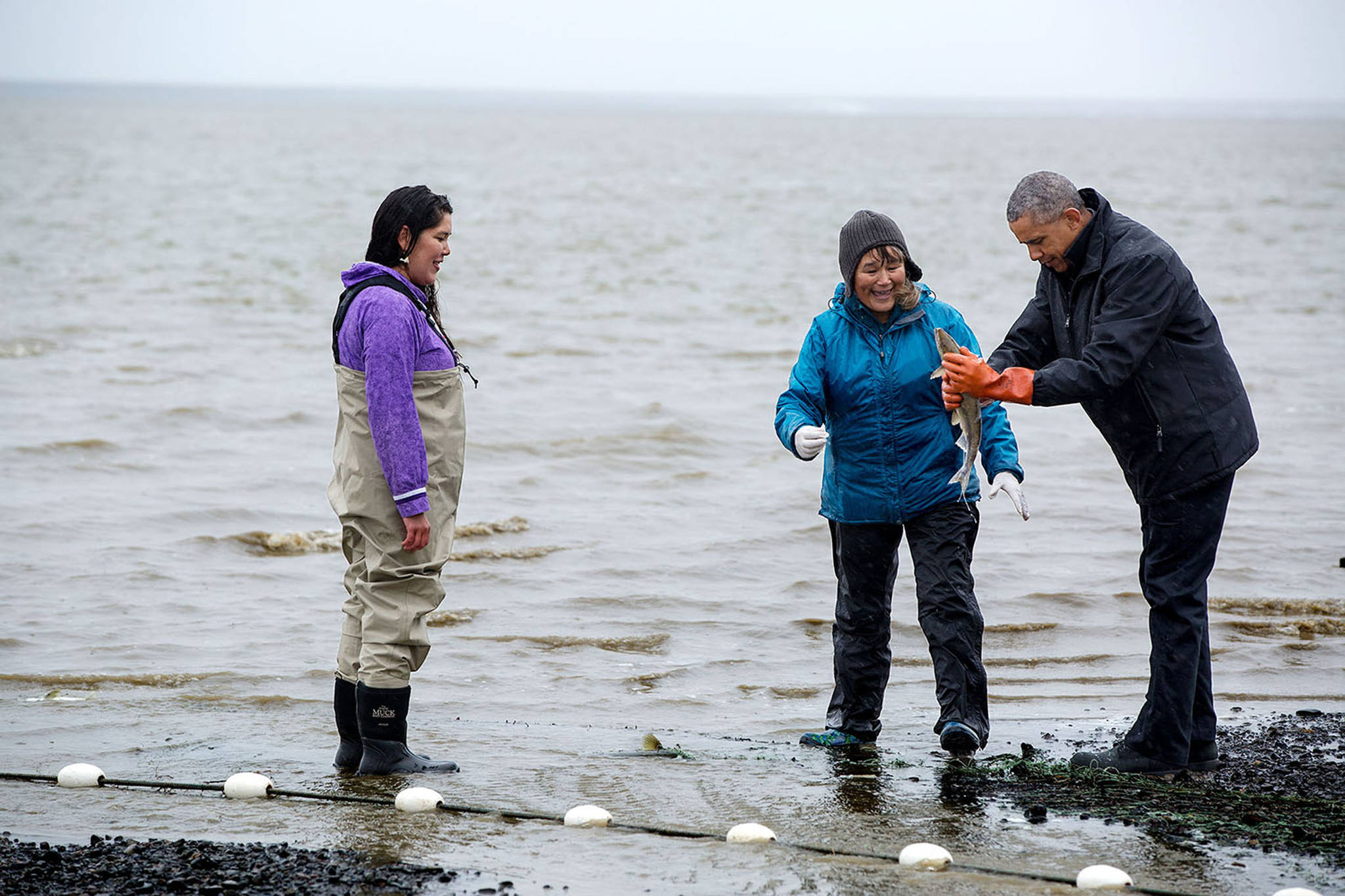 In this September 2, 2015 photo, former President Barack Obama with two Alaskans and a soon-to-be-viral spawning salmon on Kanakanak Beach in Dillingham, Alaska. (Courtesy Photo | The White House)