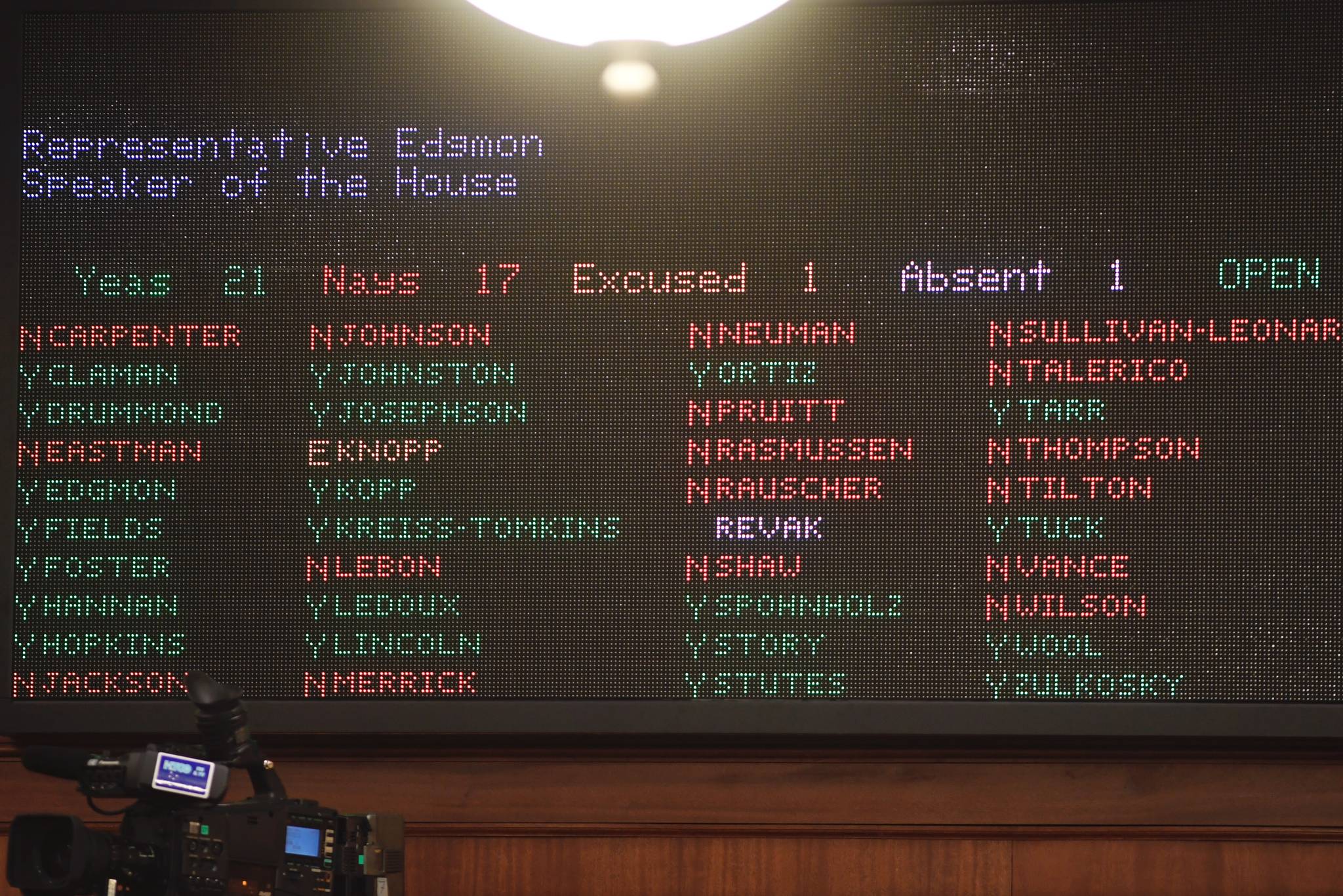 The board in the House of Representative chambers shows how the representatives voted for Rep. Bryce Edgmon, D-Dillingham, for Speaker of the House. (Michael Penn | Juneau Empire)