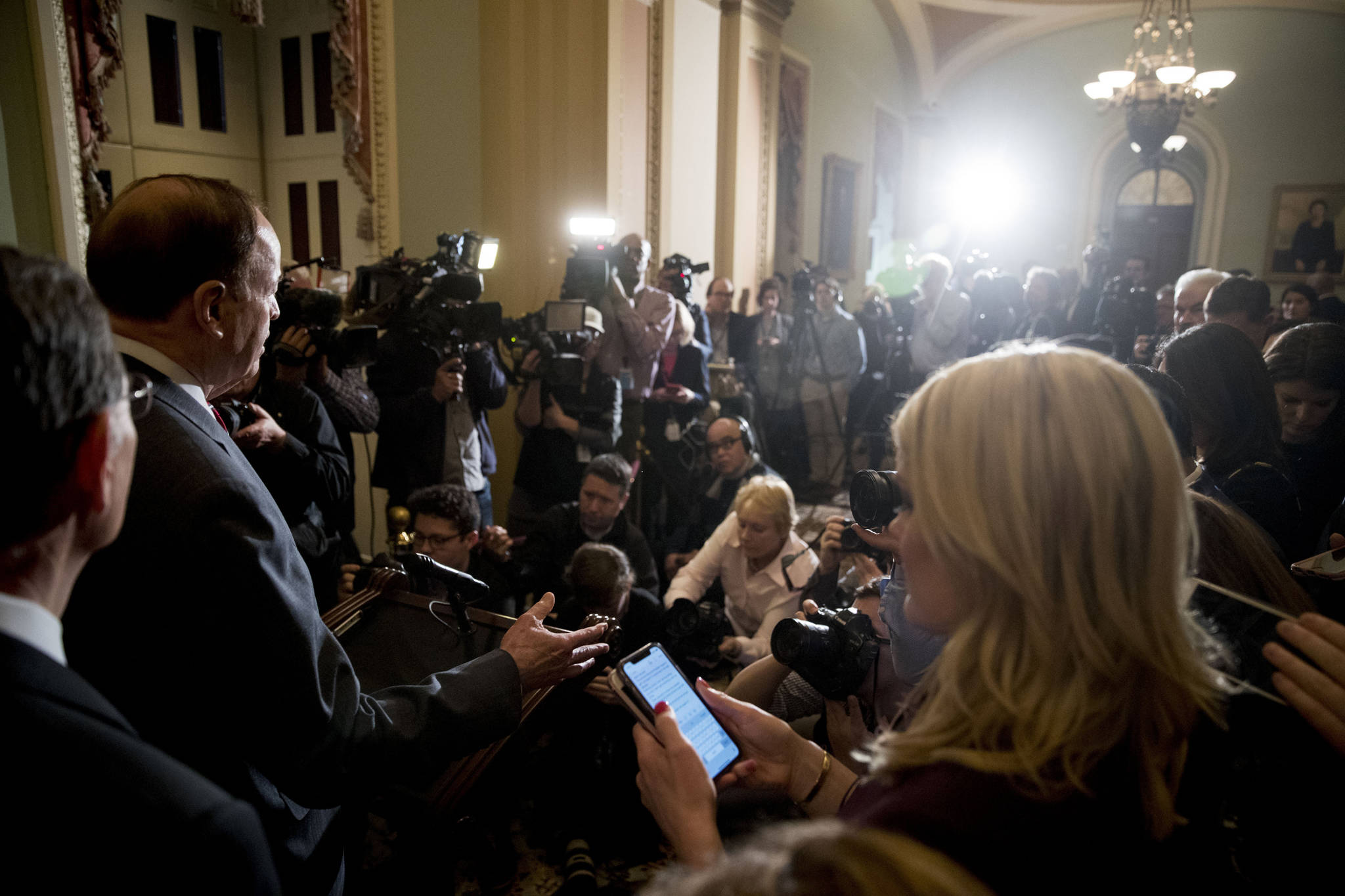 Sen. Richard Shelby, R-Alabama, speaks to reporters following a Senate policy luncheon after House and Senate negotiators worked out a border security compromise hoping to avoid another government shutdown on Capitol Hill on Tuesday, Feb. 12, 2019 in Washington, D.C. (Andrew Harnik | Associated Press)