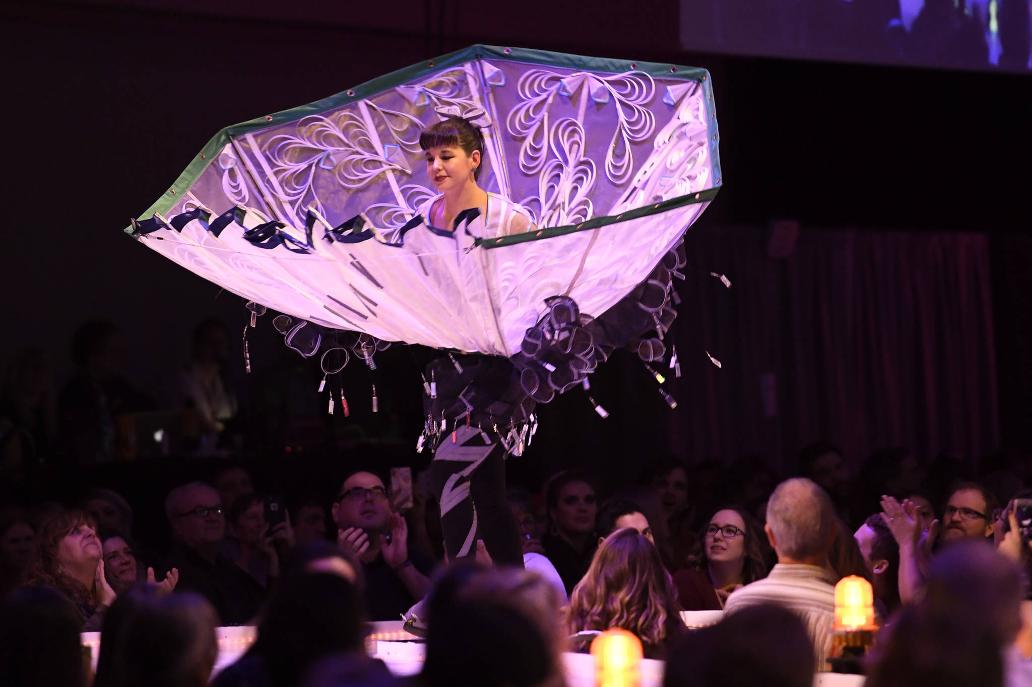 Michelle Morris models her “Flipping Out” at the Wearable Art show at Centennial Hall on Saturday, Feb. 16, 2019. (Michael Penn | Capital City Weekly)