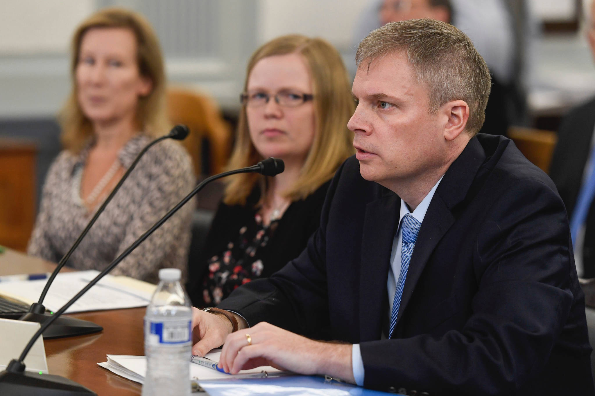 Dr. Michael Johnson, Commissioner of Alaska Department of Education and Early Development, speaks about a reduced funding for education to the Senate Finance Committee at the Capitol on Monday Feb. 18, 2019. (Michael Penn ι Juneau Empire)
