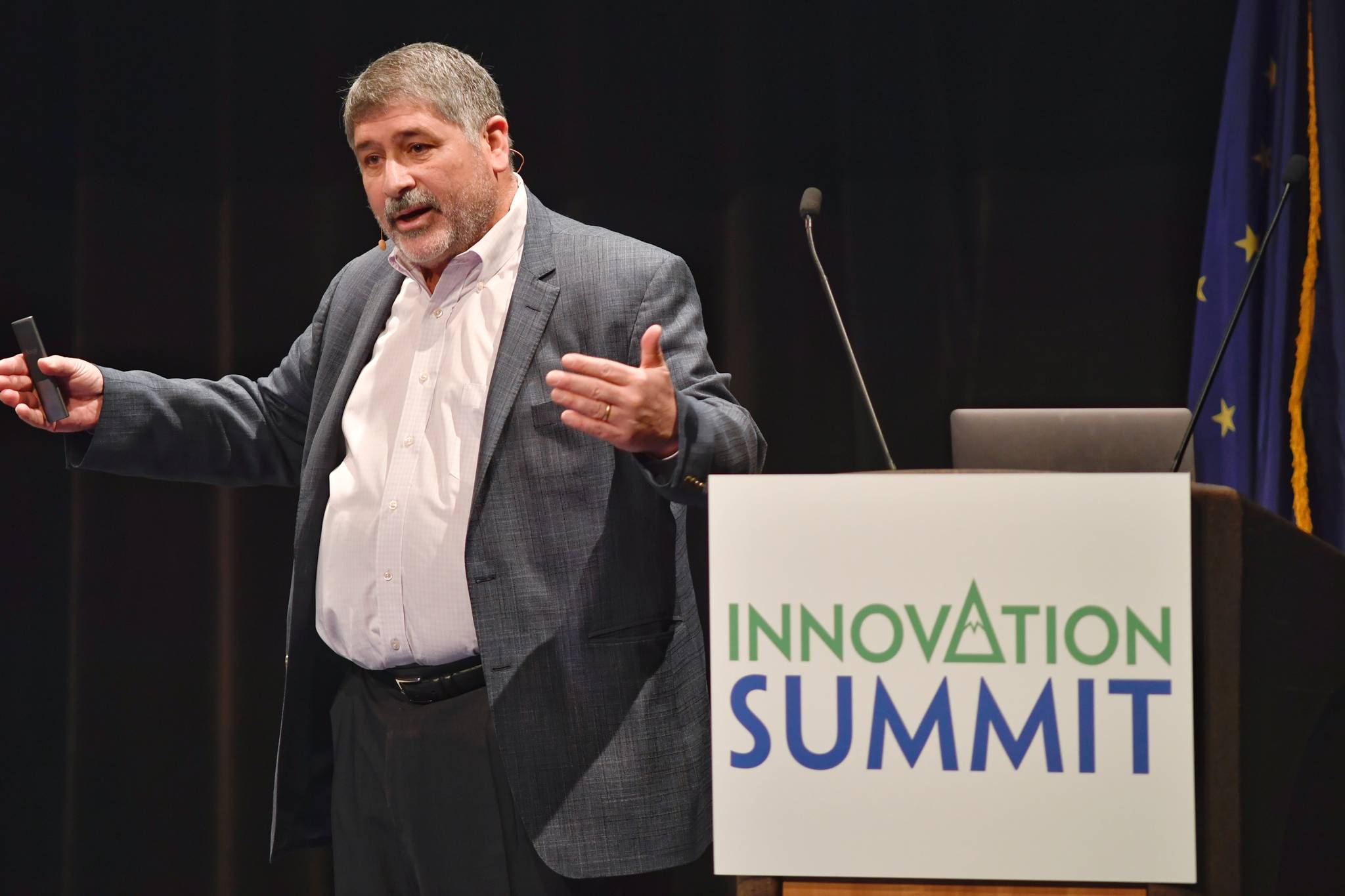 Joel Cutcher-Gershenfield, of the Heller School for Social Policy and Management at Brandeis University, delivers his keynote speech at the Innovation Summit at Centennial Hall on Wednesday, Feb. 20, 2019. (Michael Penn | Juneau Empire)