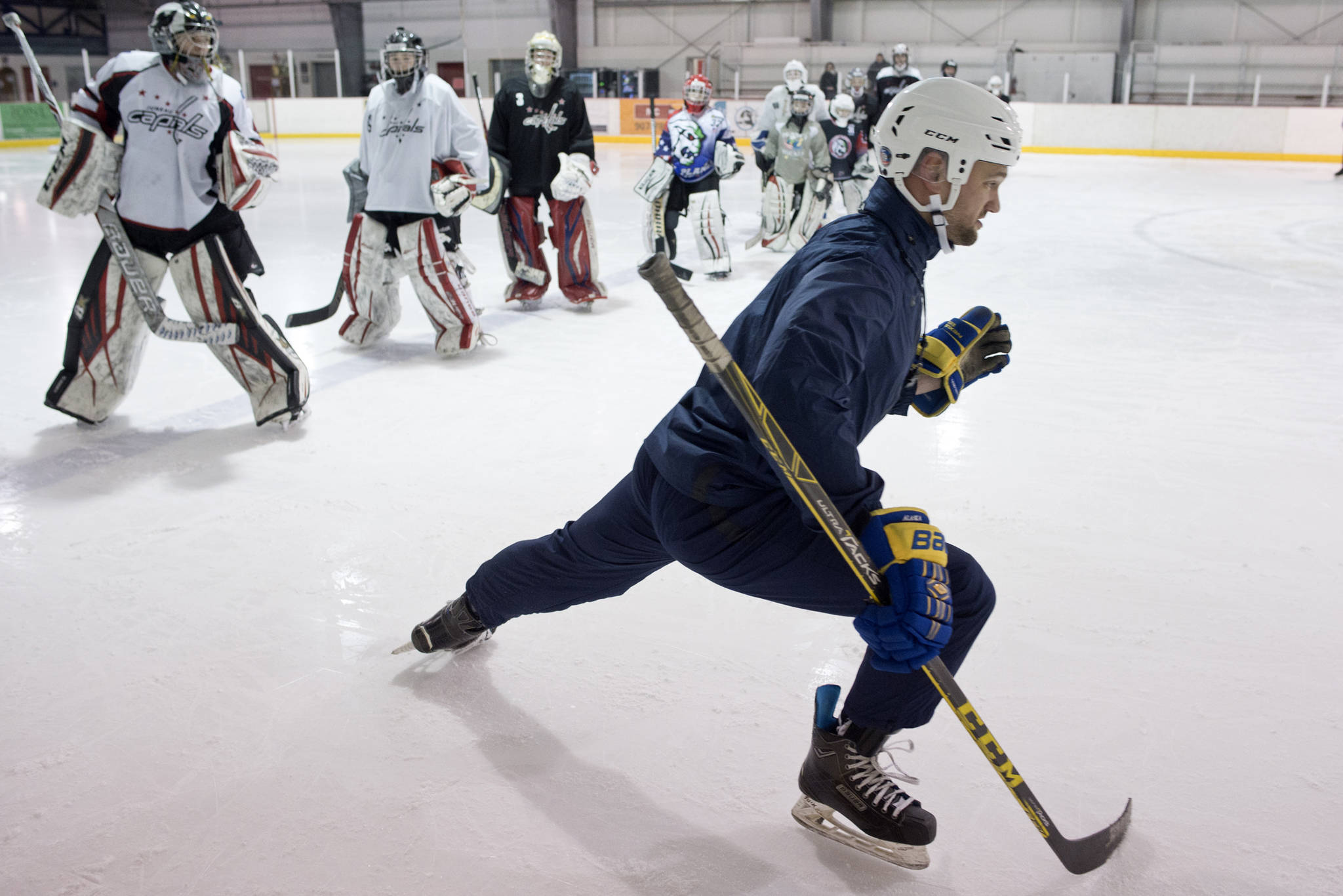 Steve Thompson, of Alaska Goaltending Academy, leads a drill for goaltenders at Treadwell Arena in February 2017. Thompson is celebrating the “Try Hockey Day” on Saturday with a free goalie clinic on Mendenhall Lake. (Michael Penn | Juneau Empire File)