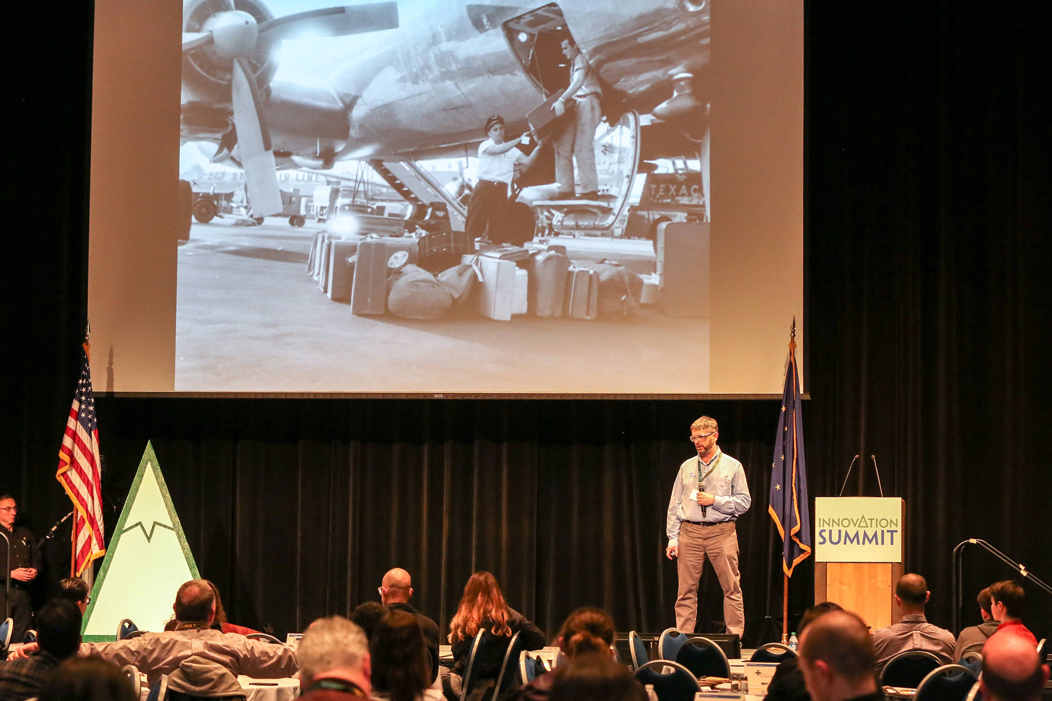 Tim Fulton of Sitka, founder of Ramper Innovations, pitches his business at the Innovation Summit 2019 Pitch Contest at Centennial Hall, Wednesday, Feb. 20, 2019. Courtesy Photo | Heather Holt)