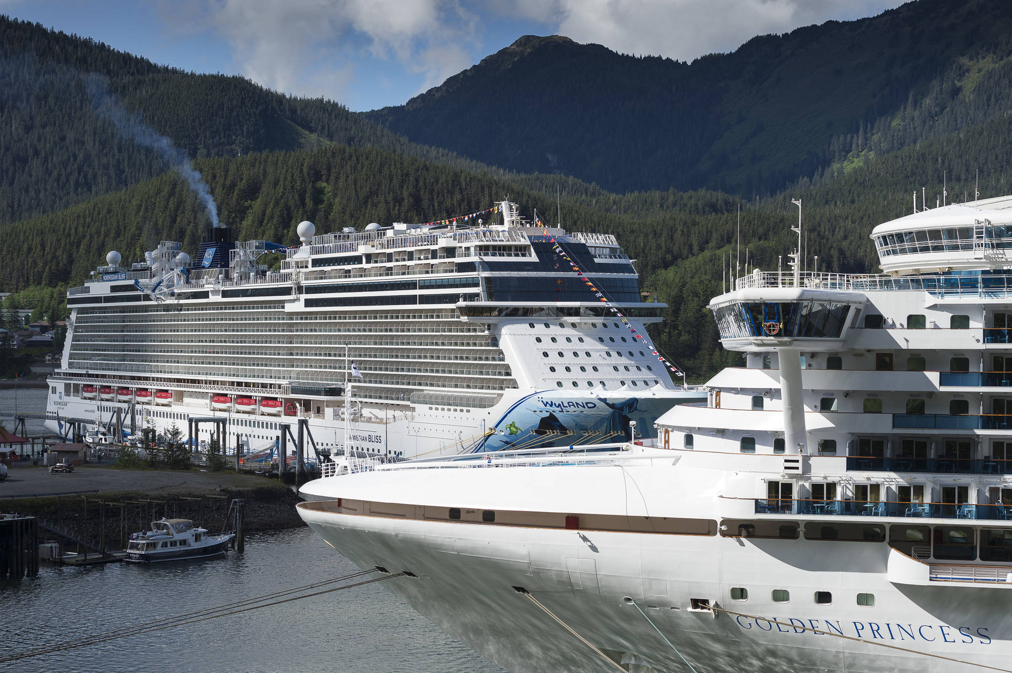 In this June 5, 2018 photo, the mega-ship Norwegian Bliss docks in Juneau for the first time. (Michael Penn | Juneau Empire File)