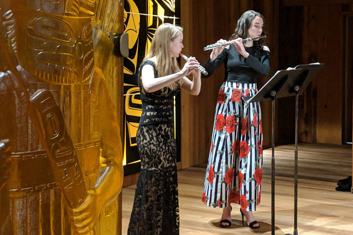 Ingrid White and Reece Bleakley practice their duet for the Juneau Symphony’s collaborative event with Sealaska Heritage Institute, Shuká Hít Series: Flutes From Around the World, Saturday, Jan.19, 2019. (Ben Hohenstatt | Capital City Weekly File)