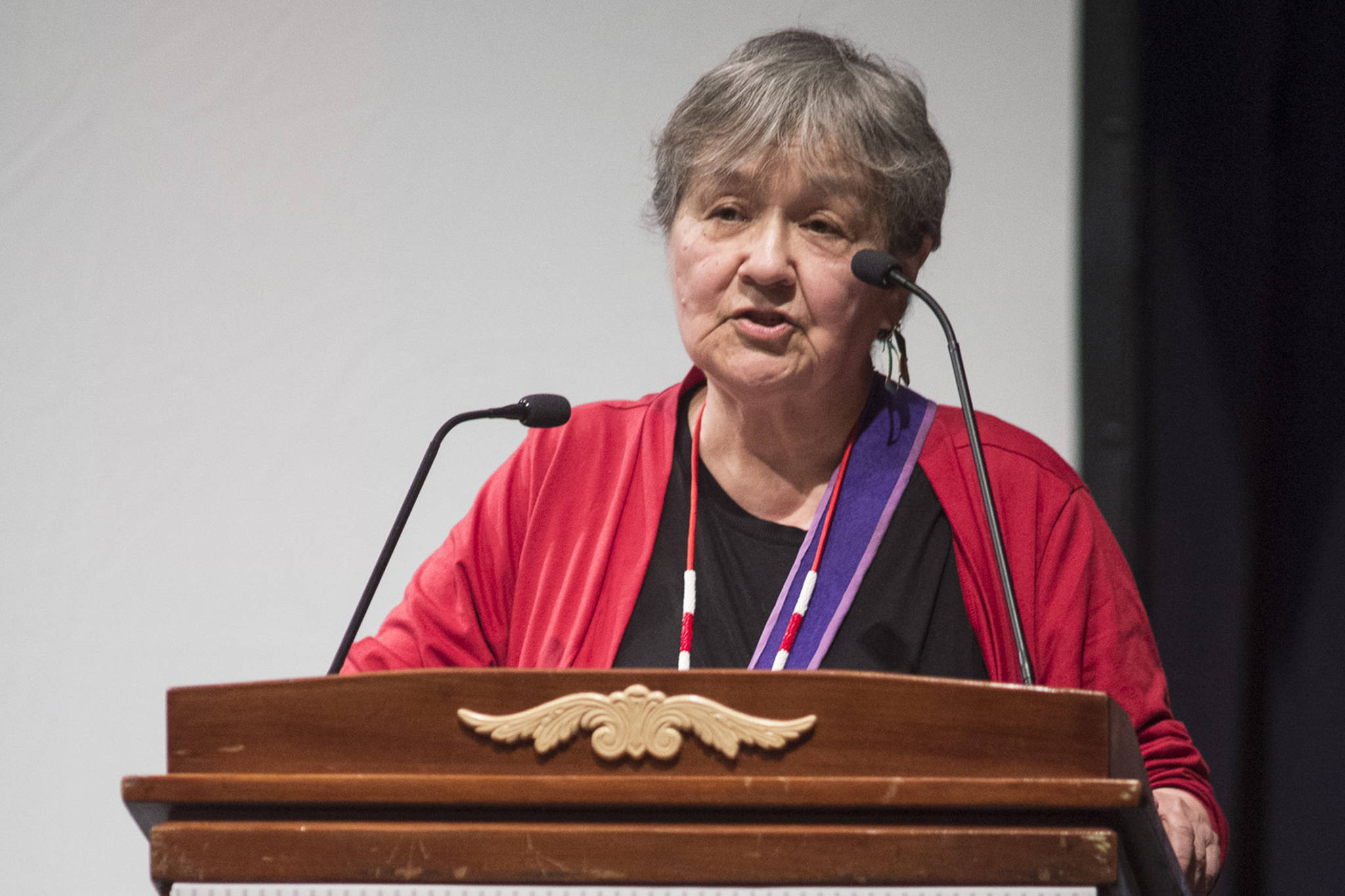 Ernestine Hayes, Alaska State Writer Laureate, makes closing remarks at the 2019 Governor’s Arts & Hunanities Awards at the Juneau Arts & Culture Center on Thursday, Feb. 7, 2019. (Michael Penn | Juneau Empire)